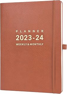Academic Diary 2023-2024 - A4 Diary 2023-2024 Week to View from Jul. 2023 to Jun. 2024, Diary 2023-2024 with Brown Leather Cover, Elasticated Closure, Back Pocket