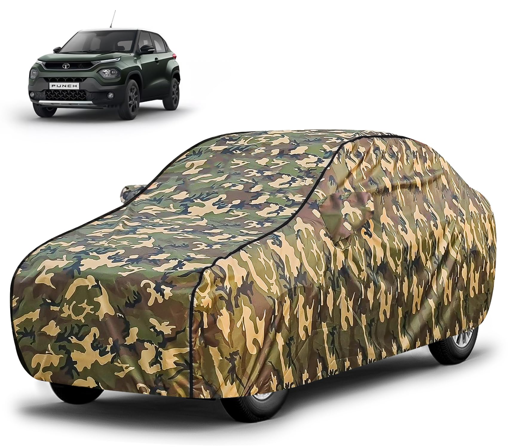 FABTEC Waterproof Car Body Cover for Tata Punch with Mirror Pocket, Triple Stitched (Military, Jungle Print, Camouflage Design)
