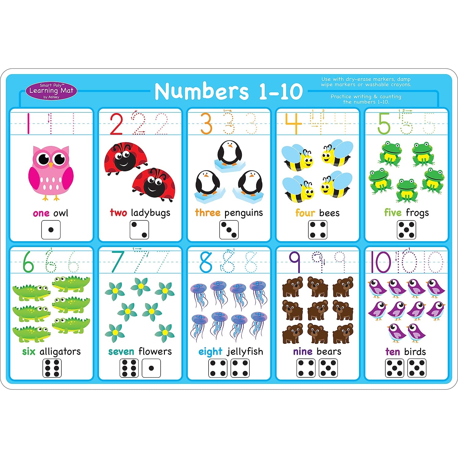 Ashley Productions Smart Poly 12" x 17" Numbers 1-10 Learning Mat, Double-Sided (ASH95023) - Image 2