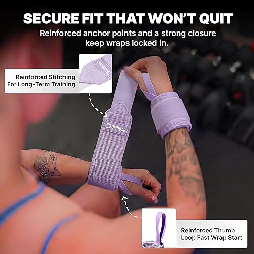 Miniatura 5 de DMoose Fitness Muñequeras para levantamiento de pesas de 18 pulgadas – Envoltura de gimnasio resistente con lazo para el pulgar para apoyo y alivio