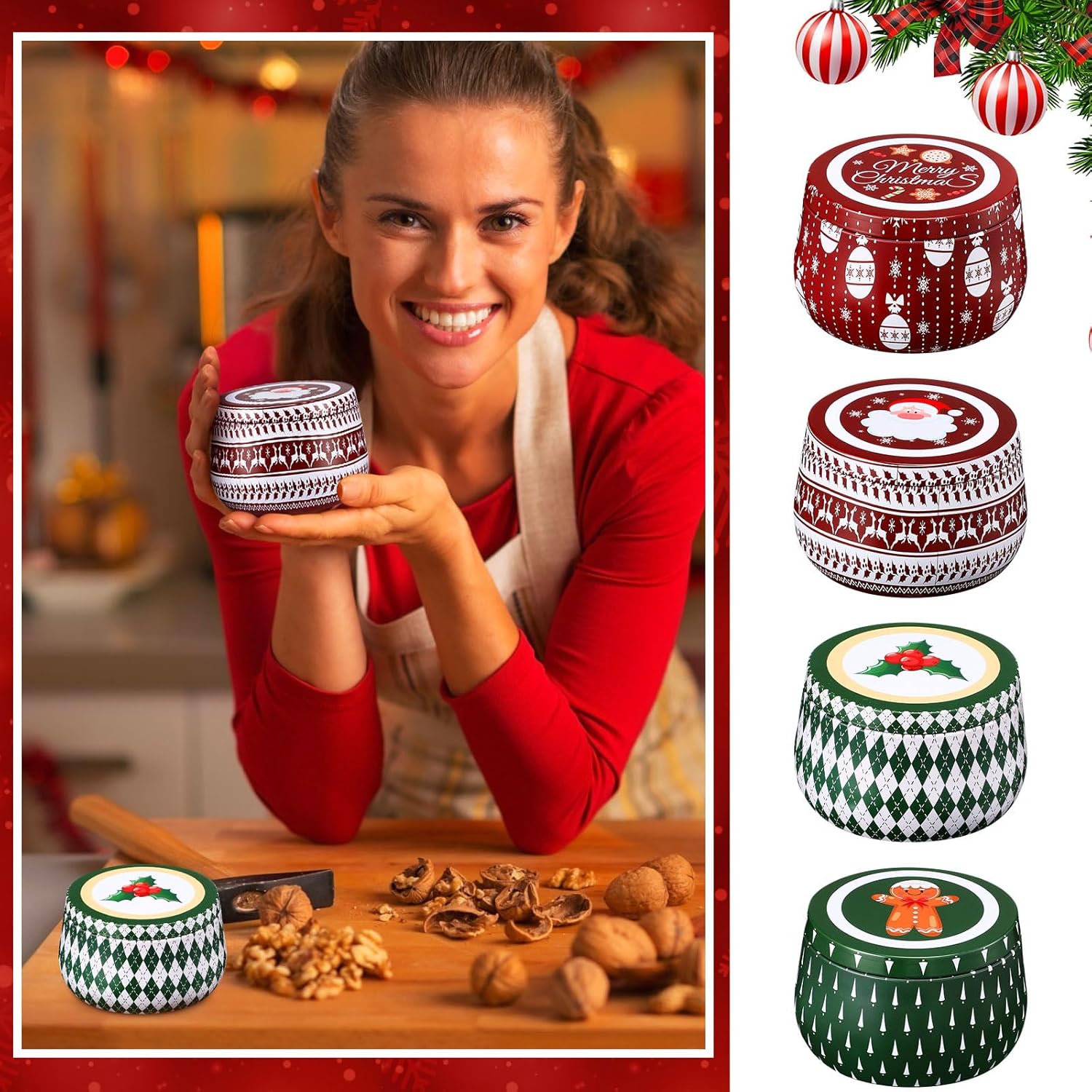 Uiifan 48 Pcs Christmas Candle Tins Cookie Metal Candles Tin Gifts Jars with Lids 8 oz Candy Tinplate Retro Tins Round Containers for Candle Holiday Gift Giving Treat Biscuits Party Favors