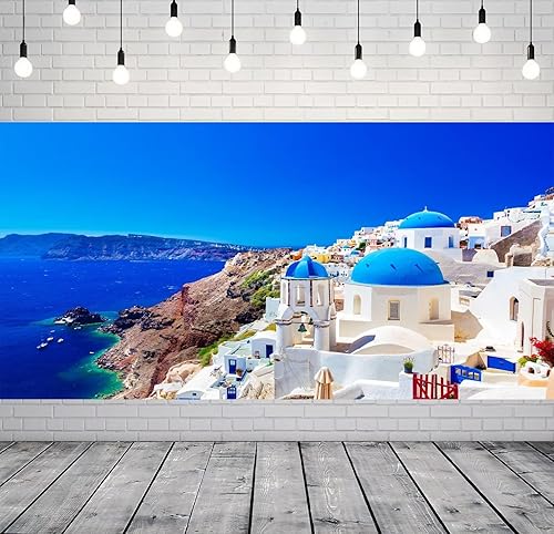 Miniatura 2 de CORFOTO Telón de fondo de tela de 20 x 10 pies para fotos de Grecia, Isla Santorini, Oia, Village, fondo de fotografía de Grecia para fiesta