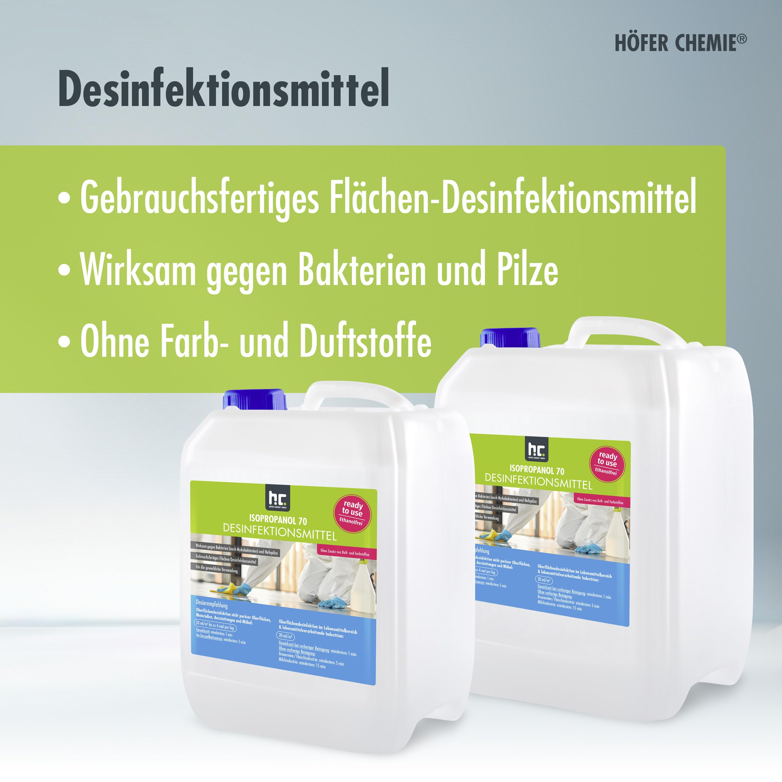 Höfer Chemie 5 L Zugelassenes Desinfektionsmittel für Oberflächen - anwendungsfertig - auch geeignet für Lebensmittelindustrie