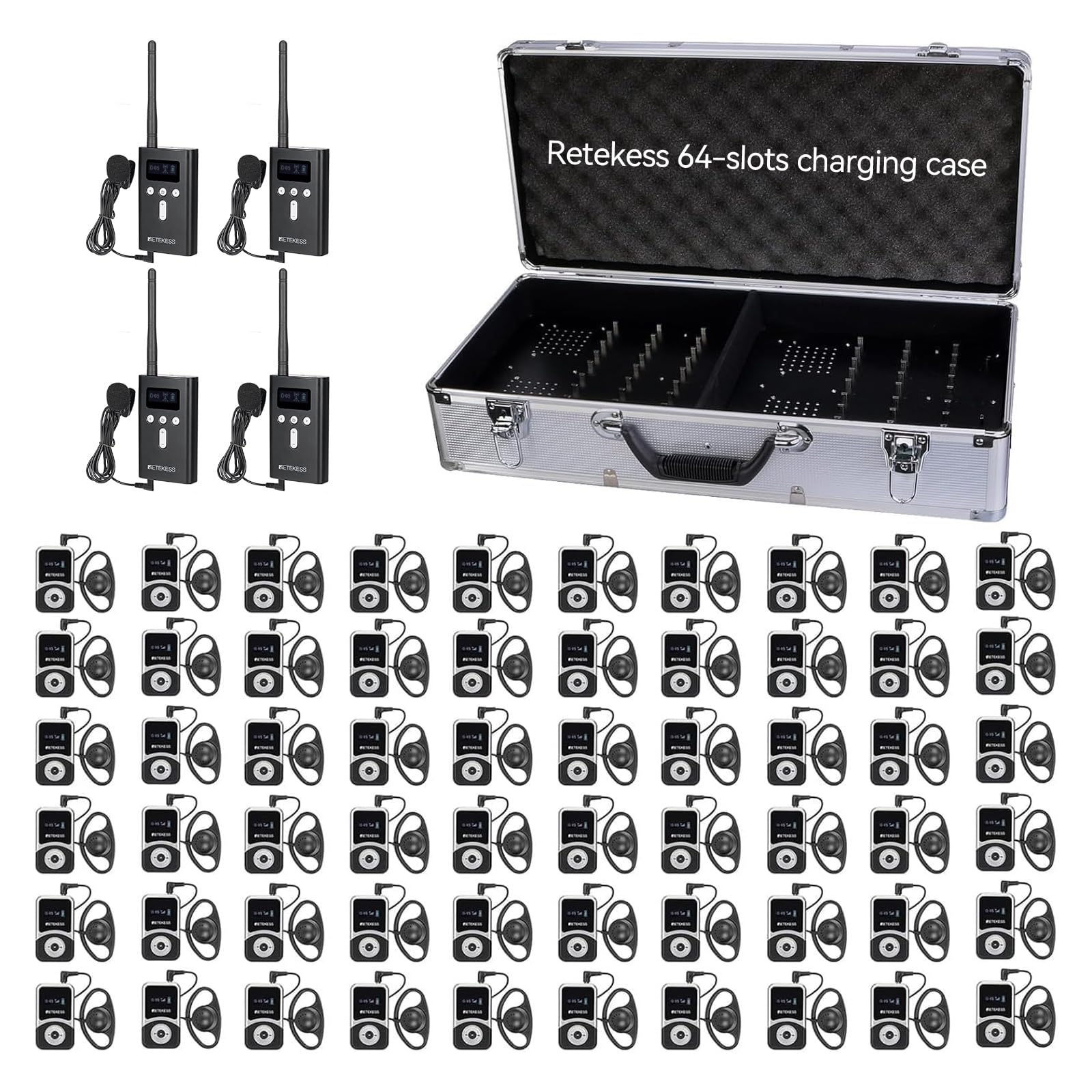 Retekess T130S (T130 2rd) Wireless Tour Guide System, Sistema di Guida Turistica, 100M, Operazione con un Clic, con Scatola di Ricarica da 64 slot, Fabbrica