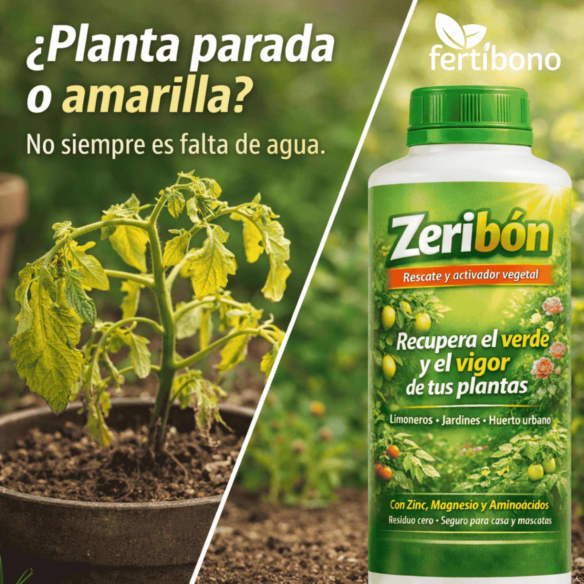 Zeribon 1L – Activador nutricional para plantas debilitadas | Recupera color y vigor en limoneros, rosales y huerto | Con Zinc, Magnesio y Aminoácidos | Uso doméstico seguro