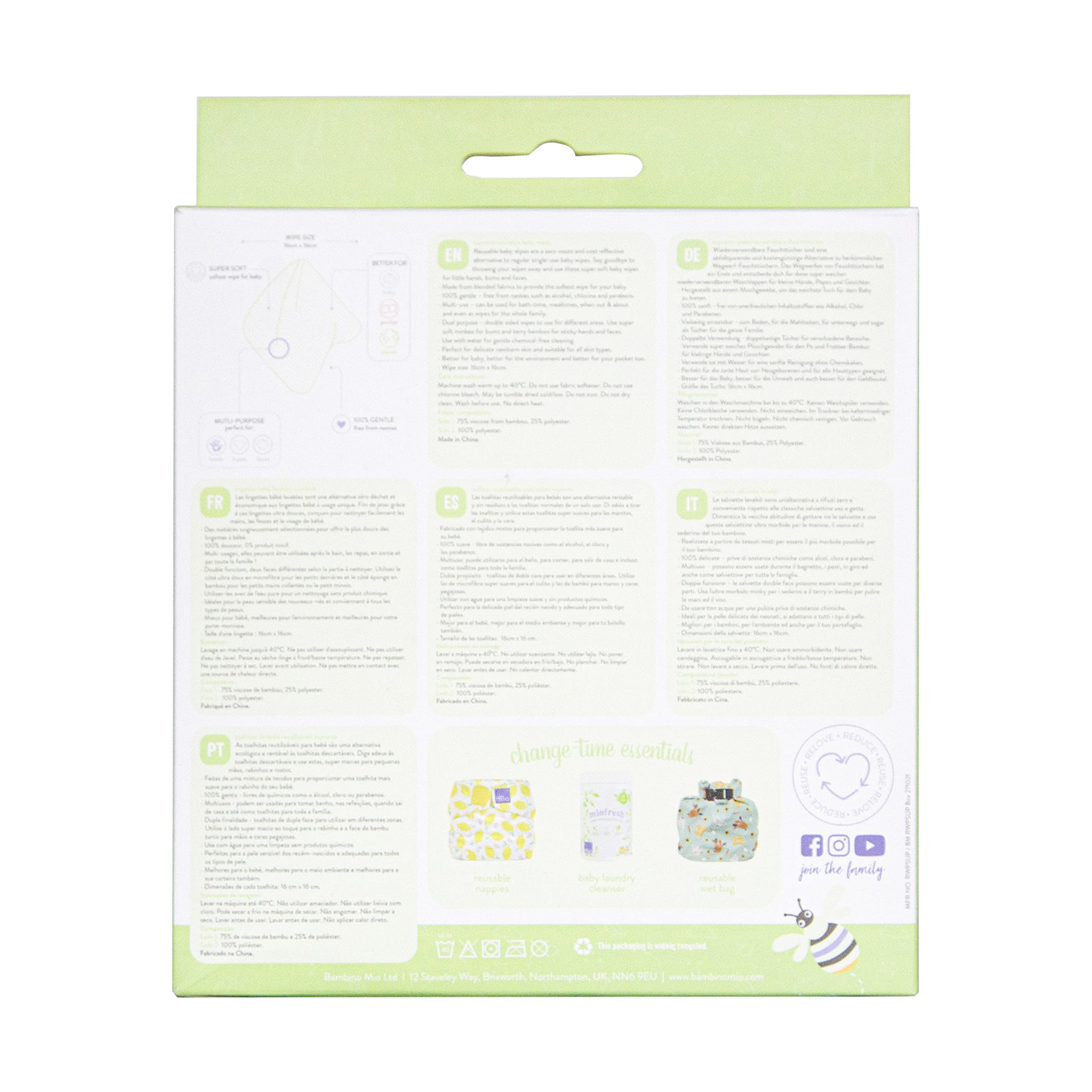 Bambino Mio, Lingettes bébé lavables Extra+, Saines, Zéro déchet, Deux utilisations, Lot de 10, Neige - L'emballage peut varier