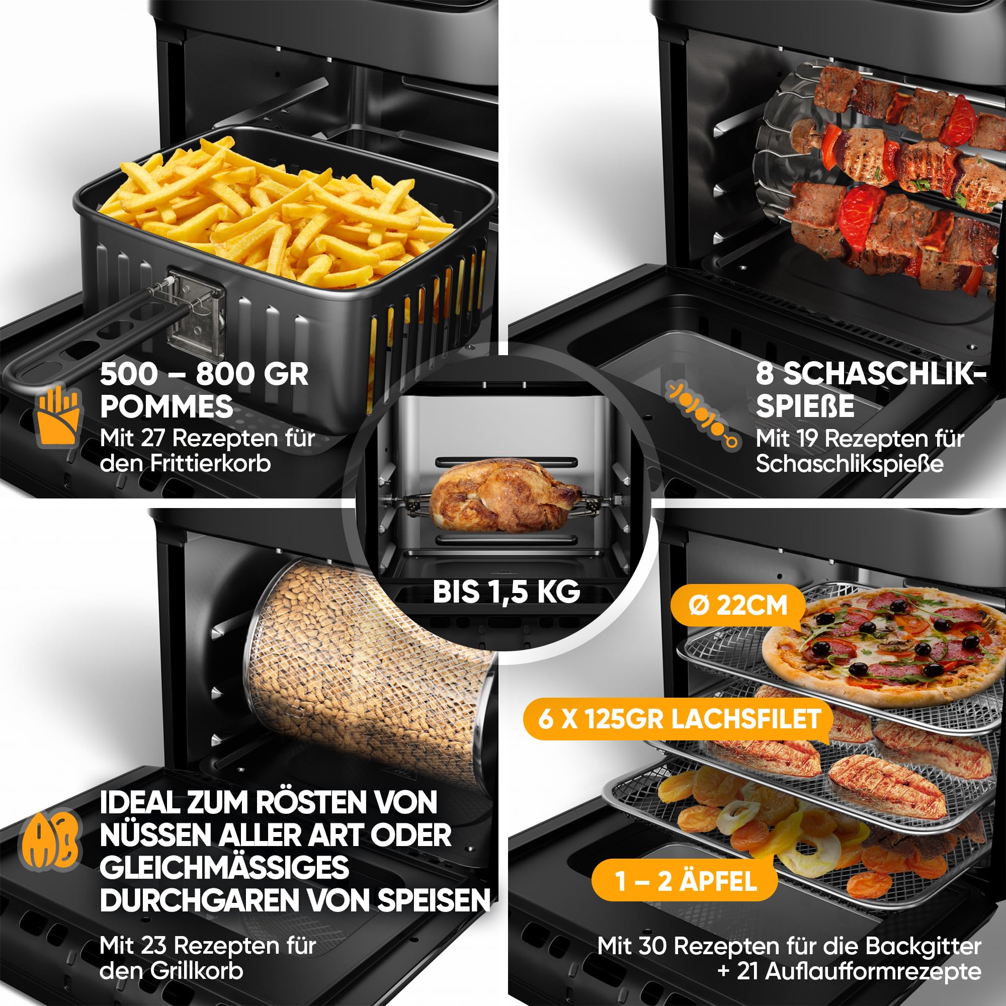 Stillstern Heißluftfritteuse XXL 12L mit LED-Touchscreen, Rezeptbuch auf Deutsch, 12 Programme, Vorheizen&Warmhalten, 1800W Heissluftfritteuse AirFryer XXL ohne Öl Dörren Minibackofen Camping Grill
