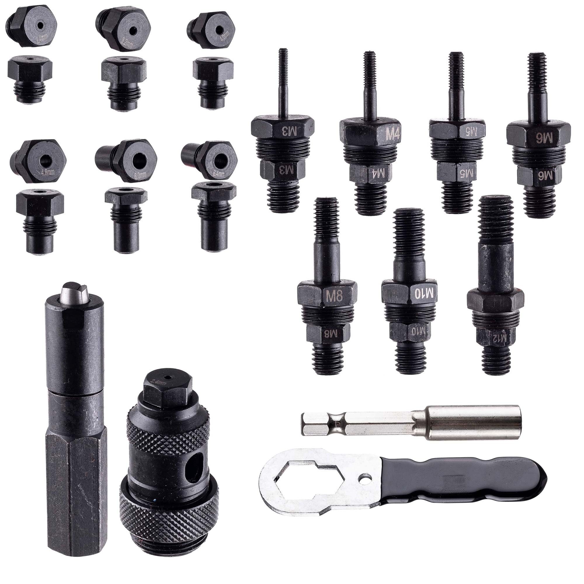 TC TECHNIC Pistolet do nitowania, klucz nasadowy, adapter do wkrętaków Cr-Mo, kompatybilny z nakrętkami stalowymi, ze stali nierdzewnej i aluminium, M3, M4, M5, M6, M8, M10 M12, głowice 2,4 mm - 6,4