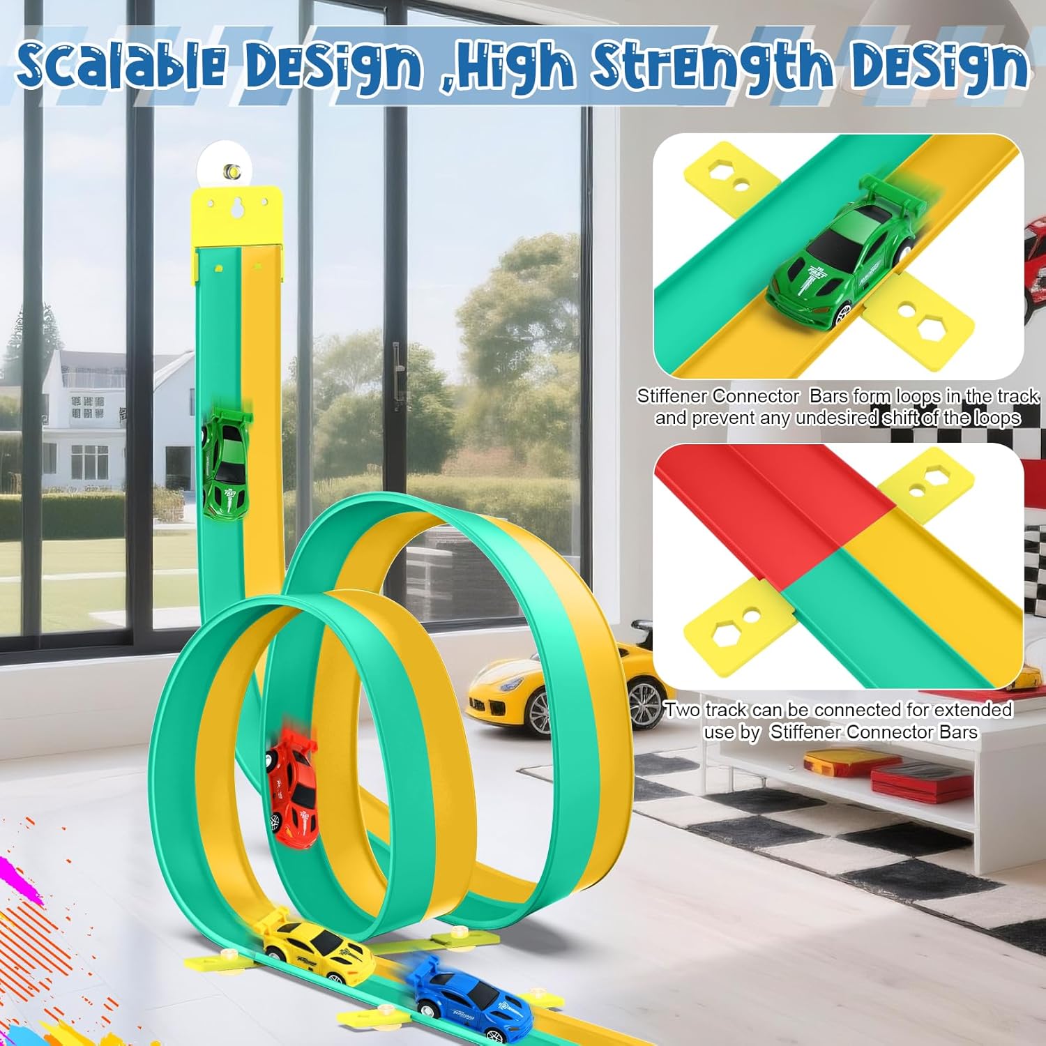 Flexible Race Car Track for Kids, Flex Track with 4 Small Pull Back Race Cars,Rolls Up Portable Racetrack for Ages 3+, Compatible with H*t Wheels and DIEC*st 1/64th Cars (15FT Green-Yellow)