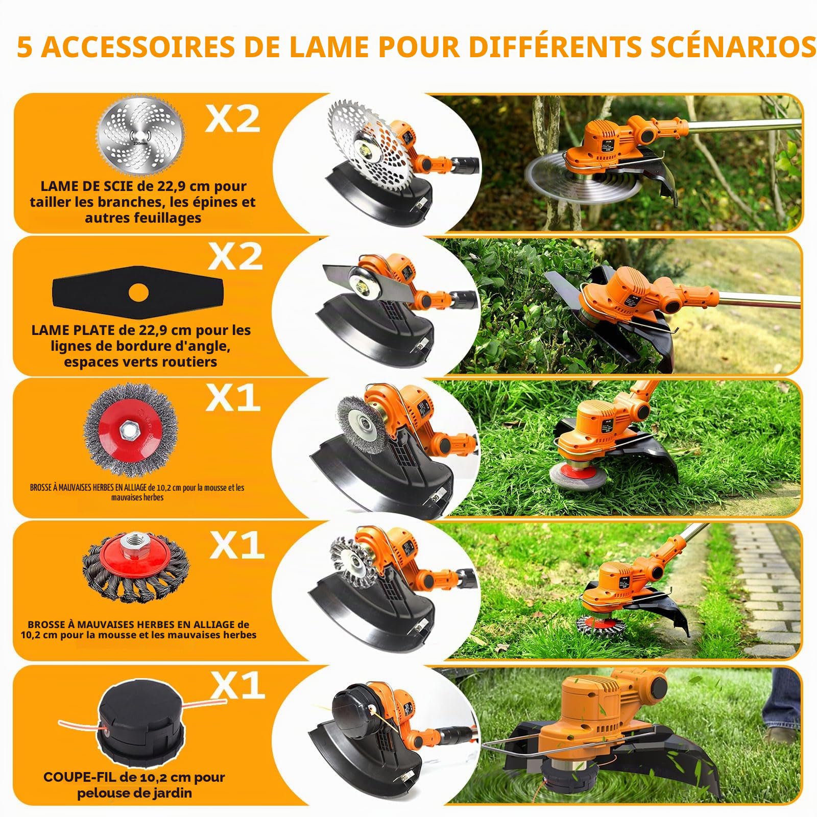 Coupe Bordure sans Fil avec Batterie 4 en 1 Debroussailleuse Electrique sans Fil avec 2 Batteries 4.0 Ah, 21V Débroussailleuse à Batterie Brushless avec Brosse Désherbage pour Jardin Élagage,Orange,b
