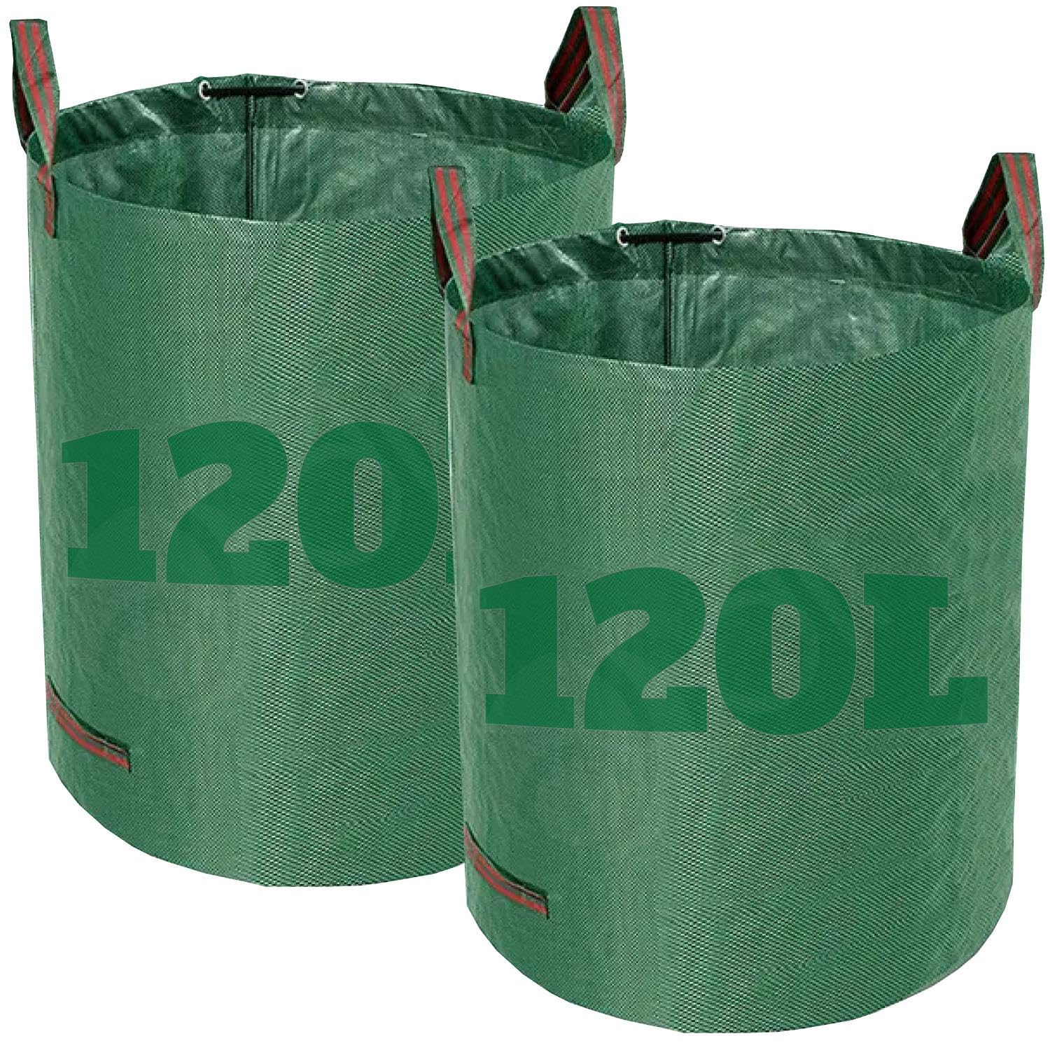 Dihl Litre Heavy Duty Garden Waste Bags, Reusable Rubbish Sacks with Upper and Side Handles, Green, Woven Polypropylene. For Waste, Grass, Leaves and More (Pack of 2, 120, litres)