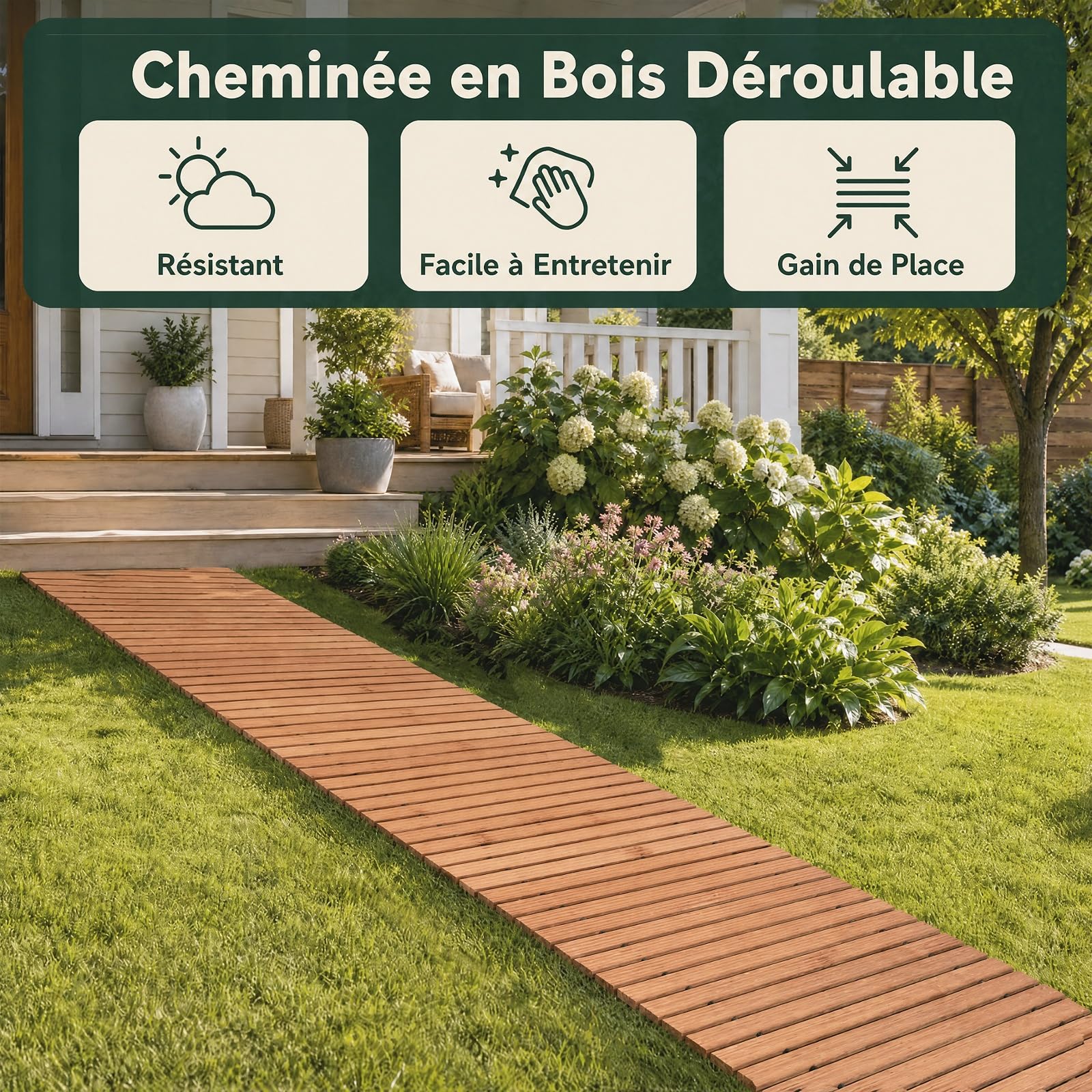 GYMAX Chemin de Jardin en Bois de Sapin Enroulable, 245 x 55 cm | Allée de Jardin avec Surface Antidérapante, Design Portable Compact, Décorative pour Plage Terrasse Pelouse et Cour