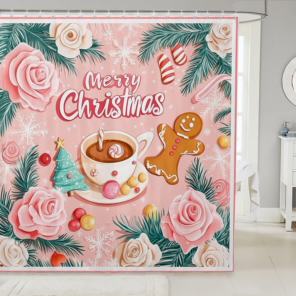 Feelyou Christmas Tree Shower Curtain for Bathroom Decor Gingerbread Man Bath Curtain for Stalls Bathtubs Merry Christmas Bathroom Accessories Xmas Waterproof Polyester Fabric with 12 Hooks
