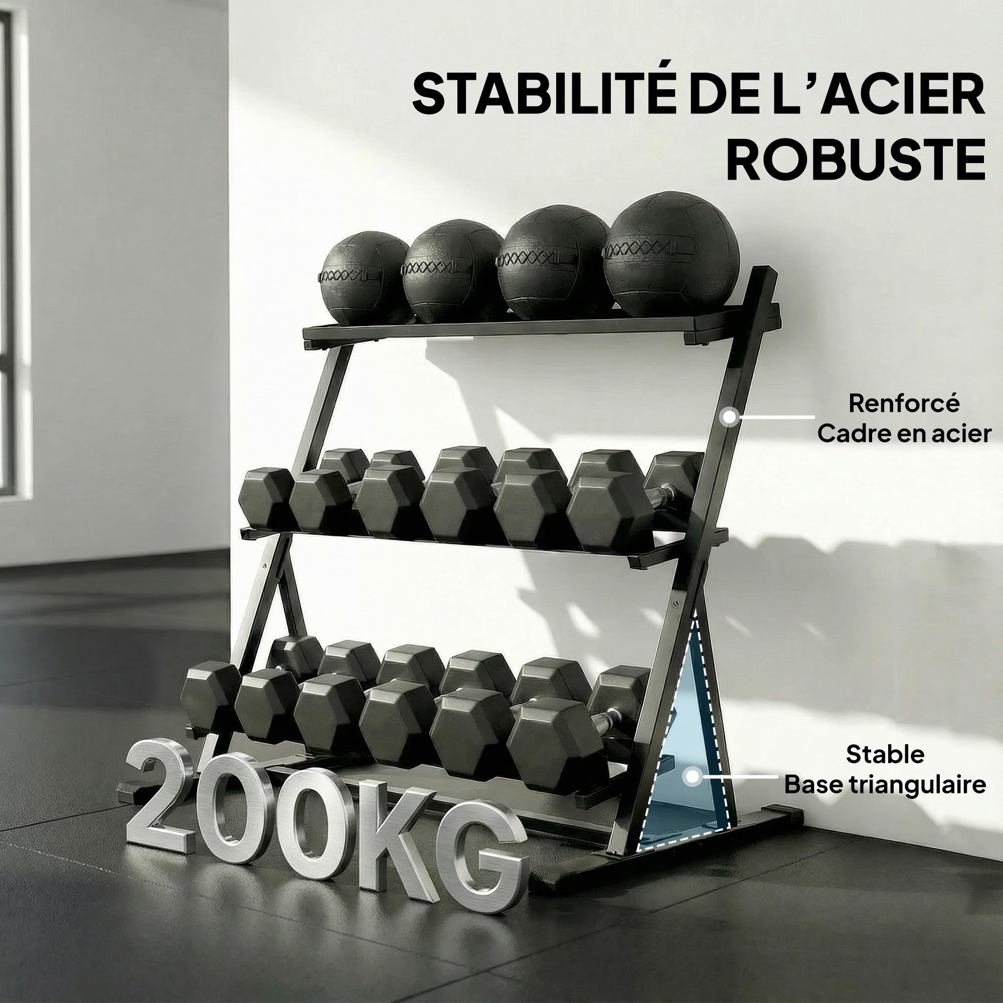 SPORTNOW Support pour Haltères 3 Niveaux Acier Robuste Capacité 200 kg Noir | Support de Poids Réglable pour Haltères, Kettlebells,Rack de Rangement Compact pour Salle de Sport à Domicile