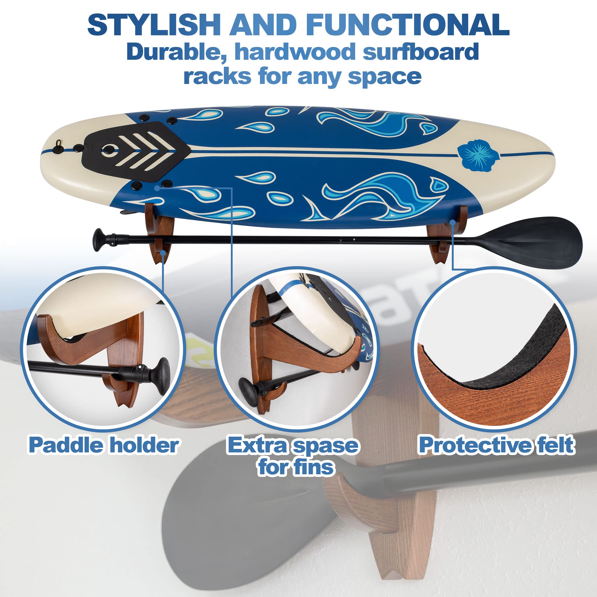 TESLYAR Soporte para tabla de surf madera de fresno acabado natural marrón grande