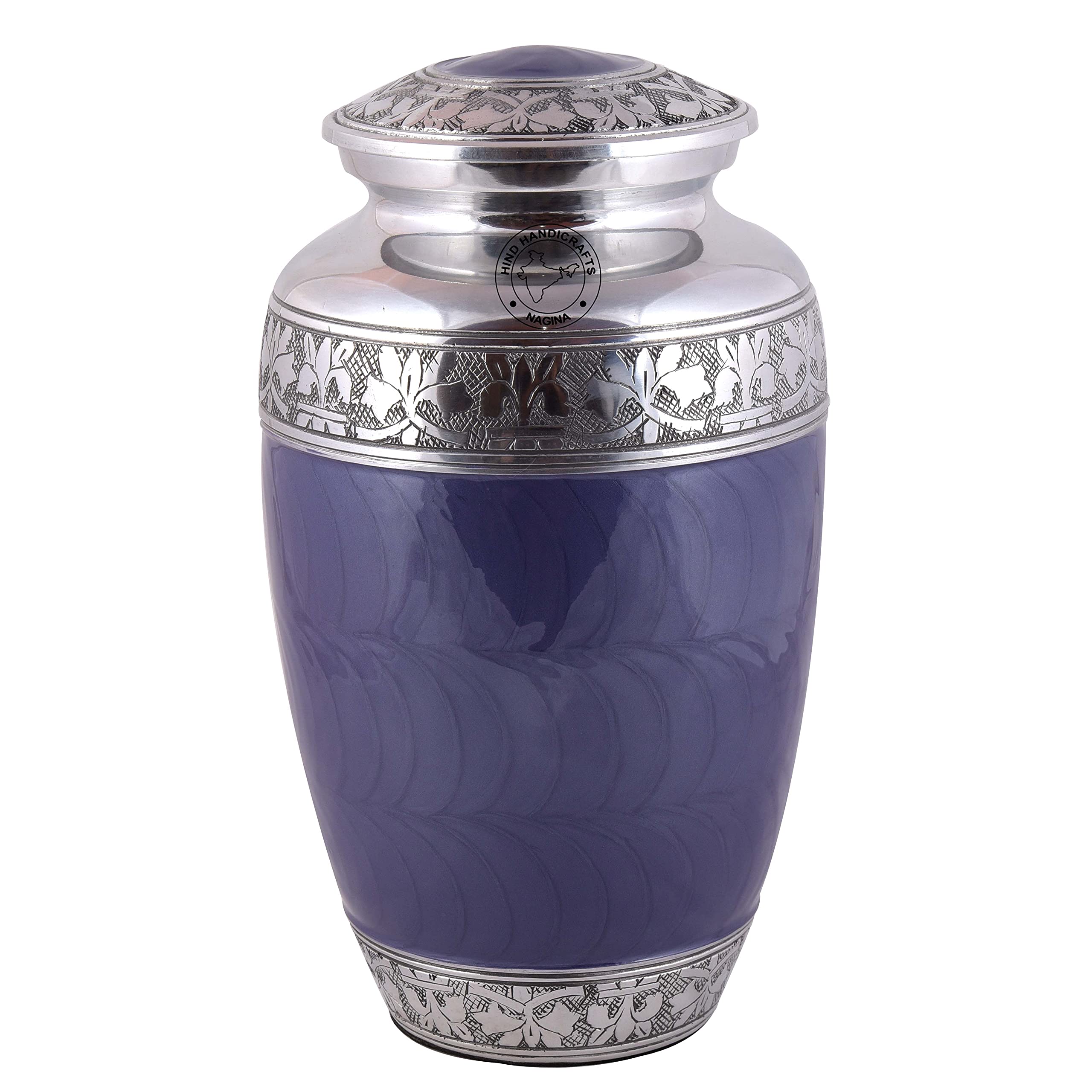 Silver Engraved Cremation Urn for Human Ashes - Decorative Funeral Urn for Adult Men & Women | Large Memorial Funeral Burial Urns – Velvet Bag Included (6.5" x 6.5" x 10.5", Dark Blue)
