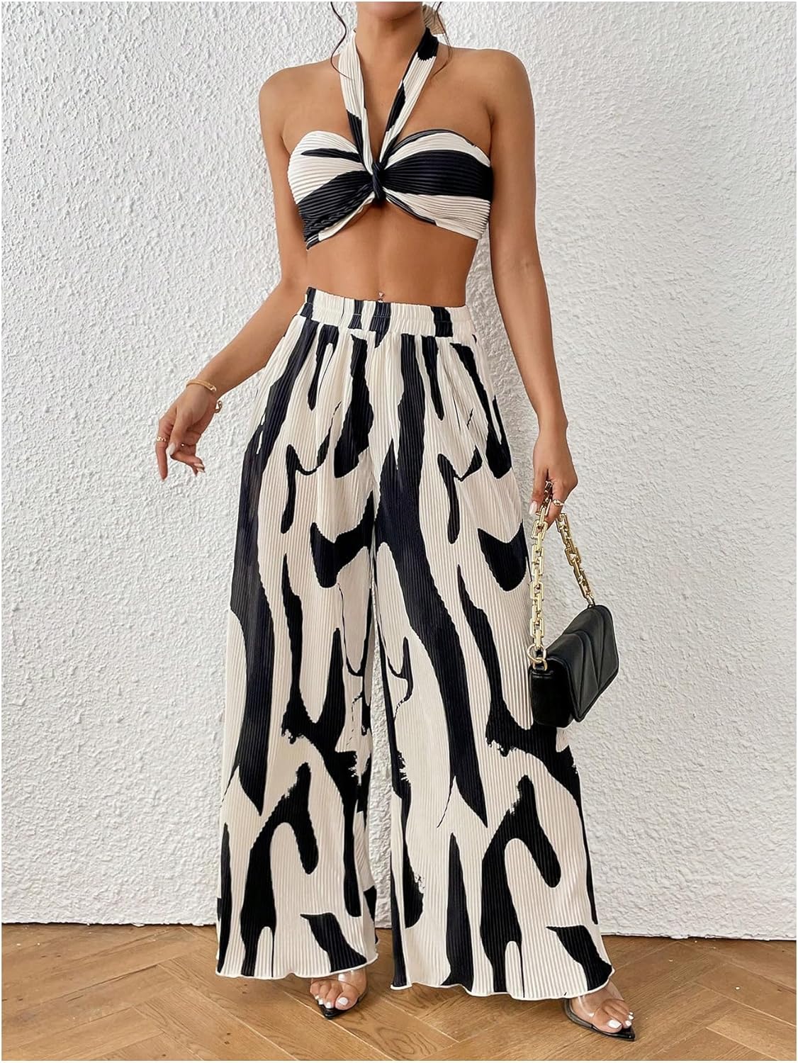 OYOANGLE Women's 2 Piece Vacation Outfits Graphic Print Knitted Crop Halter Top and Wide Leg Pants Set - Image 6