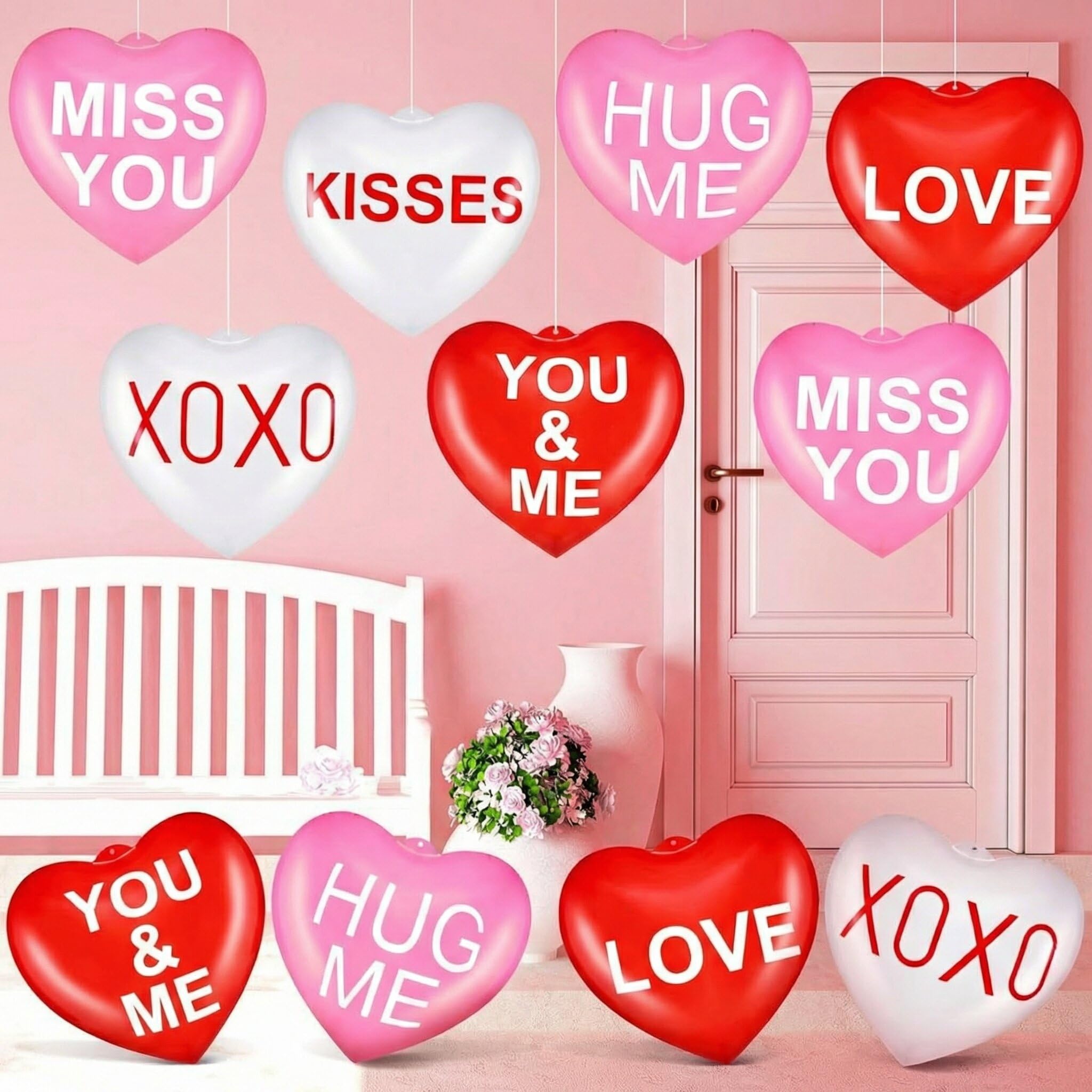 18 Pcs 12'' Valentine's Day Inflatable Heart Outdoor Decorations Large Pink White Inflatable Conversation Hearts Sweet Word Valentines Hanging