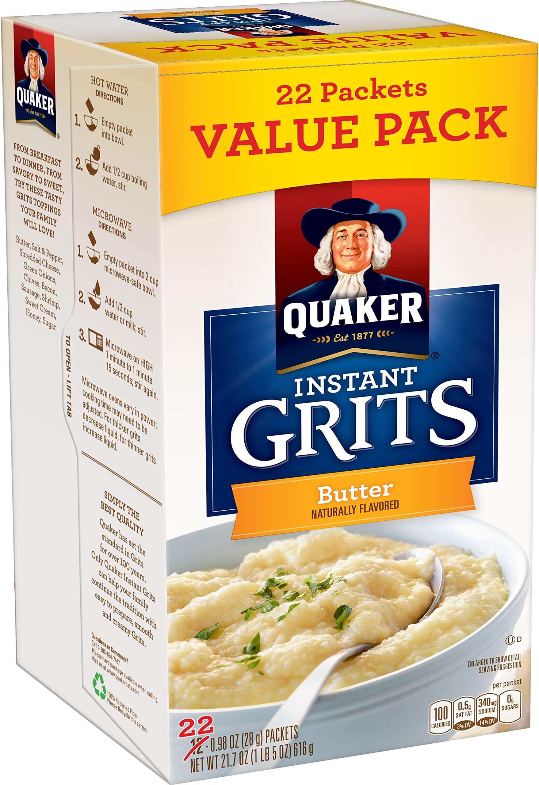 Quaker Instant Grits, Butter, Value Pack, 22 Count