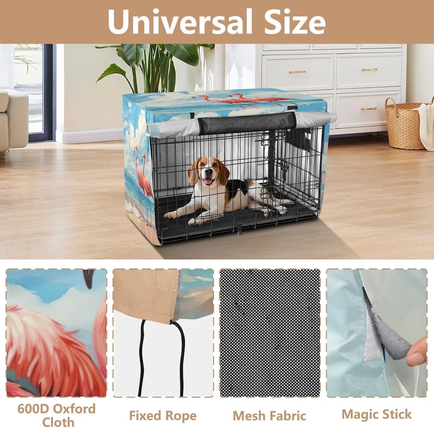Pink Flamingos Beach Dog Crate Cover Roll-up Sides, Crate Cover for Pet Owners, X-Large