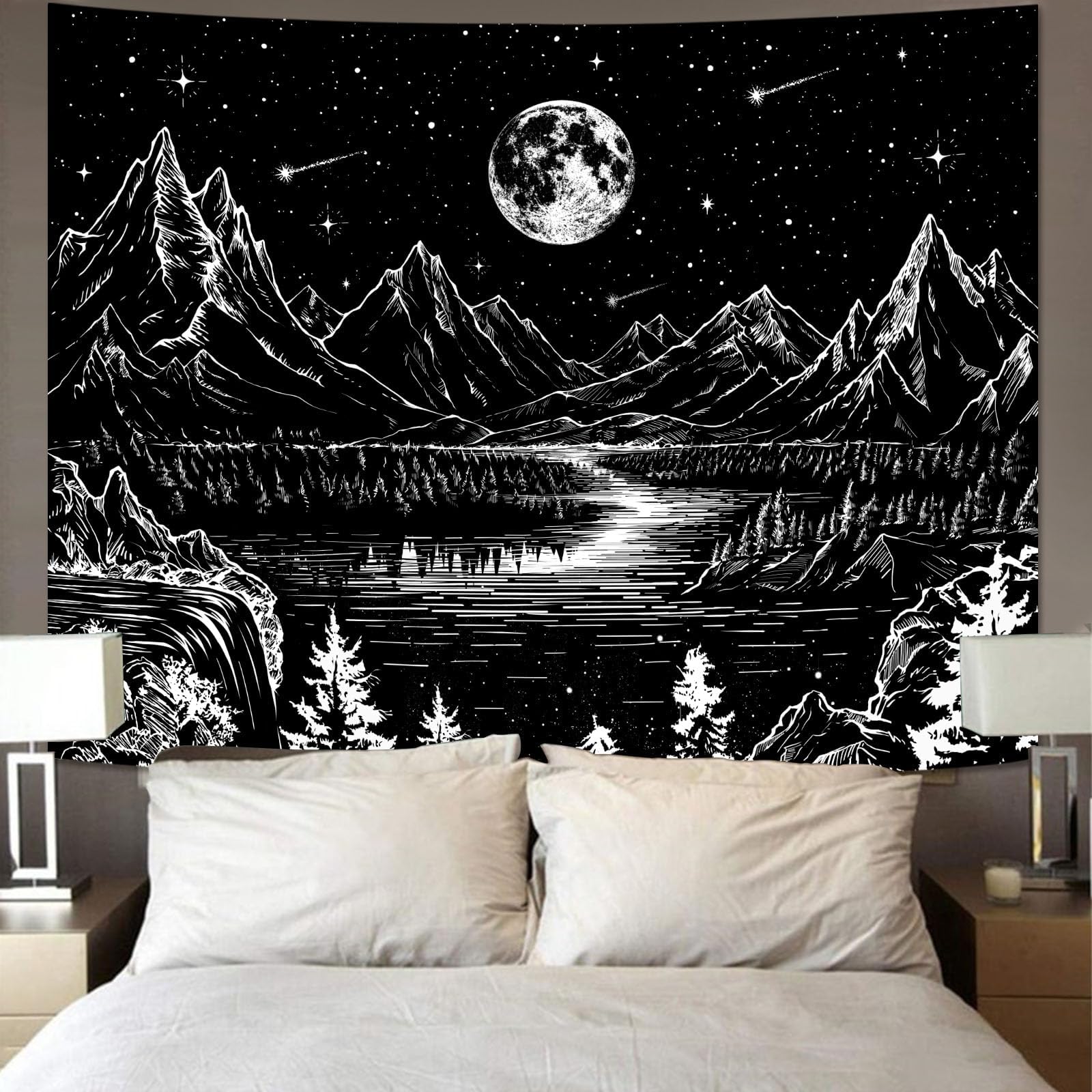 Lunerfex Tapiz blanco y negro con paisaje de montaña para dormitorio, tapices estéticos para colgar en la pared para dormitorio (60 x 80 pulgadas)