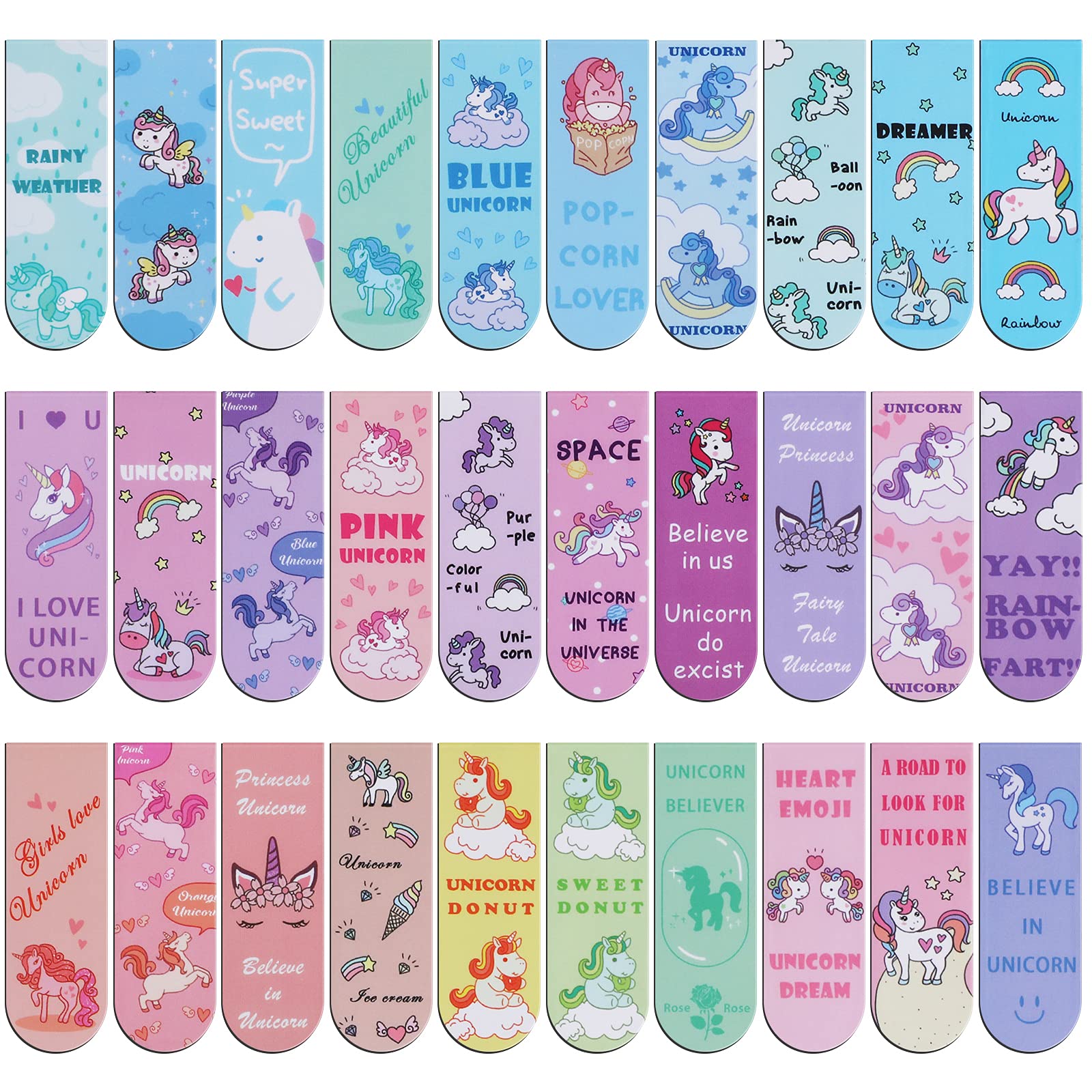 MWOOT 30 Piezas Unicornio Marcadores de Libro Magnéticos,Magnetic Bookmarks Set,Marcapáginas Clip de Página para Estudiantes lectura(2x6cm,30 Estilos)