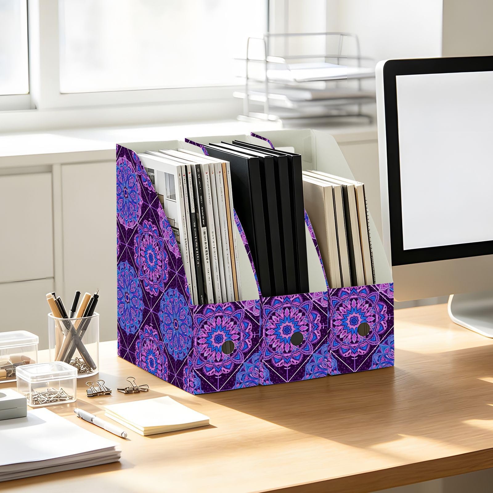 Confezione piatta estetica floreale viola organizer per scrivania