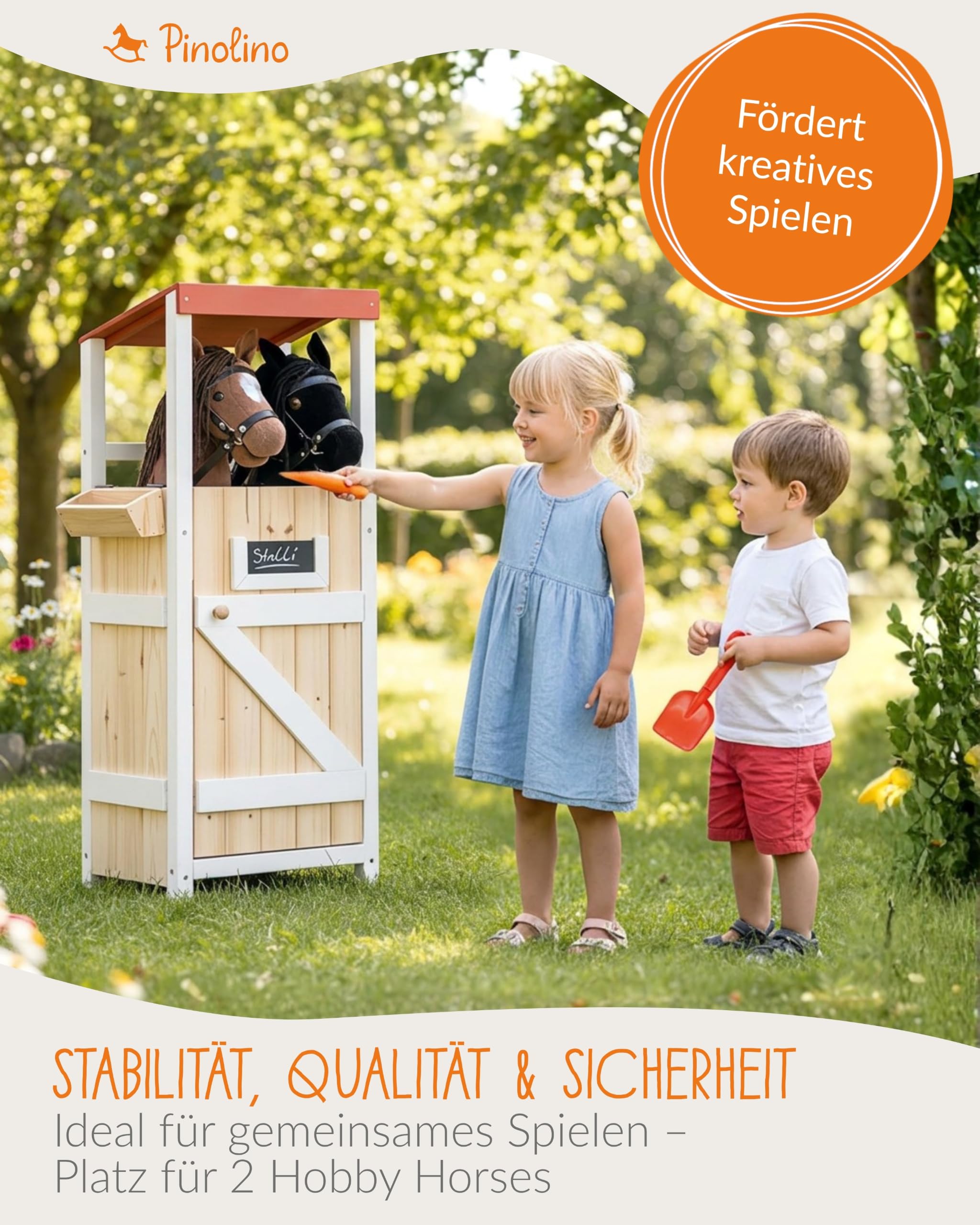 PINOLINO Hobby Horsing Stall Stalli für 2 Steckenpferde I Pferdestall aus Holz mit Futtertrog & Maltafel I Aufbewahrung & Spielstation für Kinderzimmer I Ab 3 Jahren I 37 x 26 x 97 cm