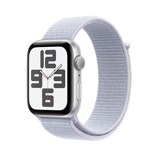 Apple Watch SE (2ª gen.) GPS 44 mm Smartwatch con cassa in alluminio Argento e cinturino Sport Loop Nuvola azzurra. Tracker per fitness e sonno, app Battito, Rilevamento incidenti, Carbon Neutral