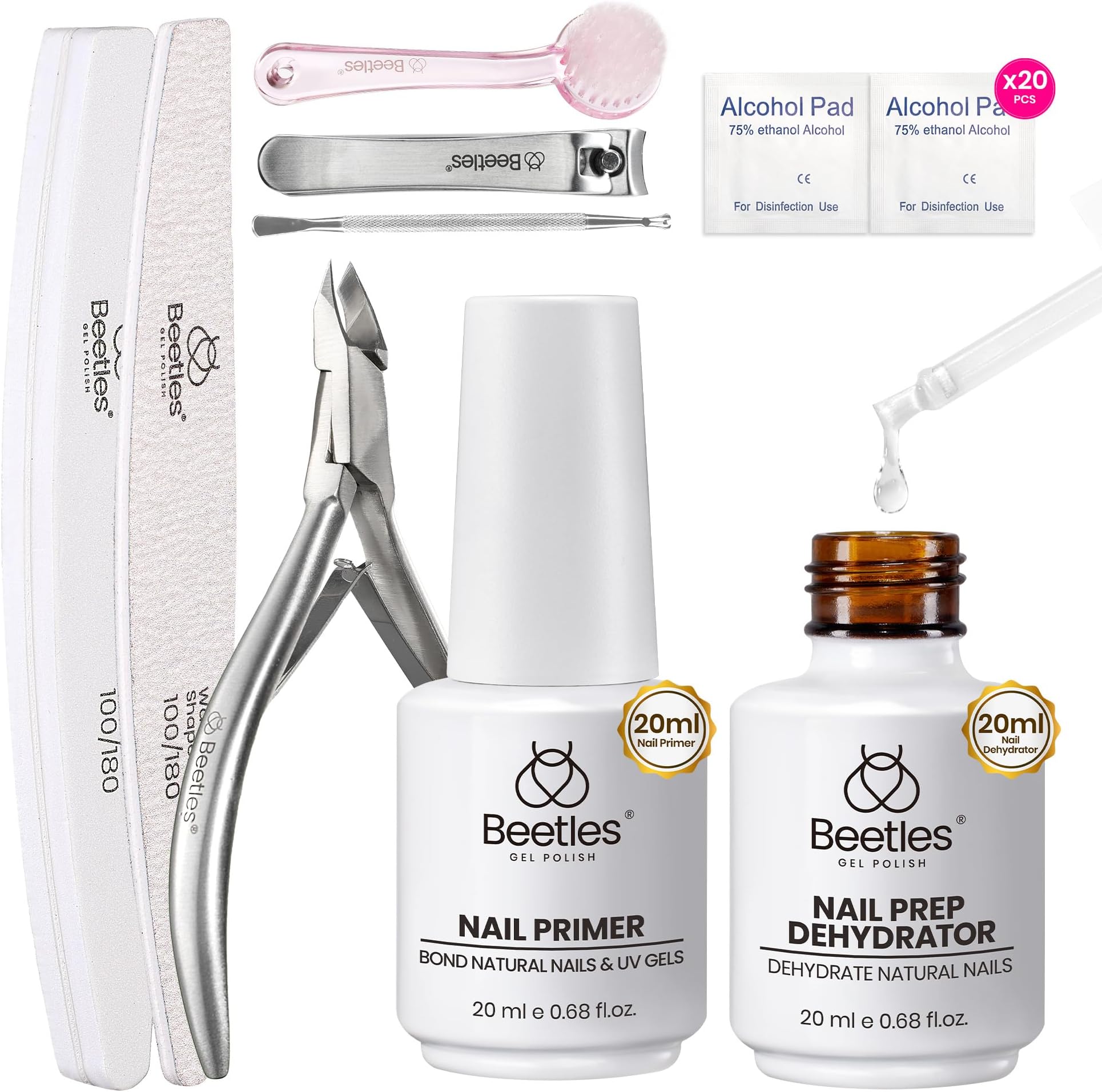 Beetles Nail Prep Kit Nail Dehydrator and Primer Nail Care Tool Kit 20ml Large Capacity Acid-Free & Hema-Free Dehydrate Bond Primer with Manicure Tools for Acrylic Nail Gifts for Women