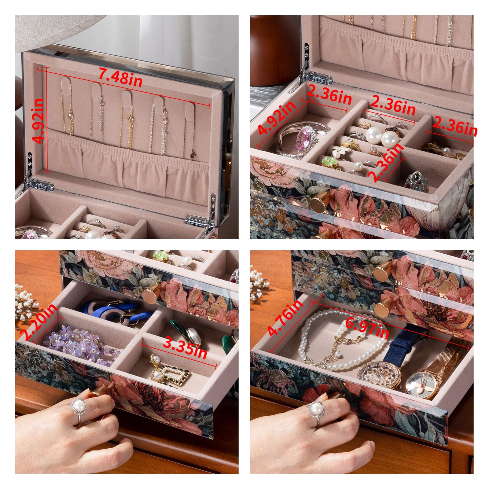 Joyero de cristal con patrón floral, organizador de joyas de 3 niveles para mujeres y niñas, cajas decorativas de regalo de joyería, organizador de mesa para aretes, collar, regalo para