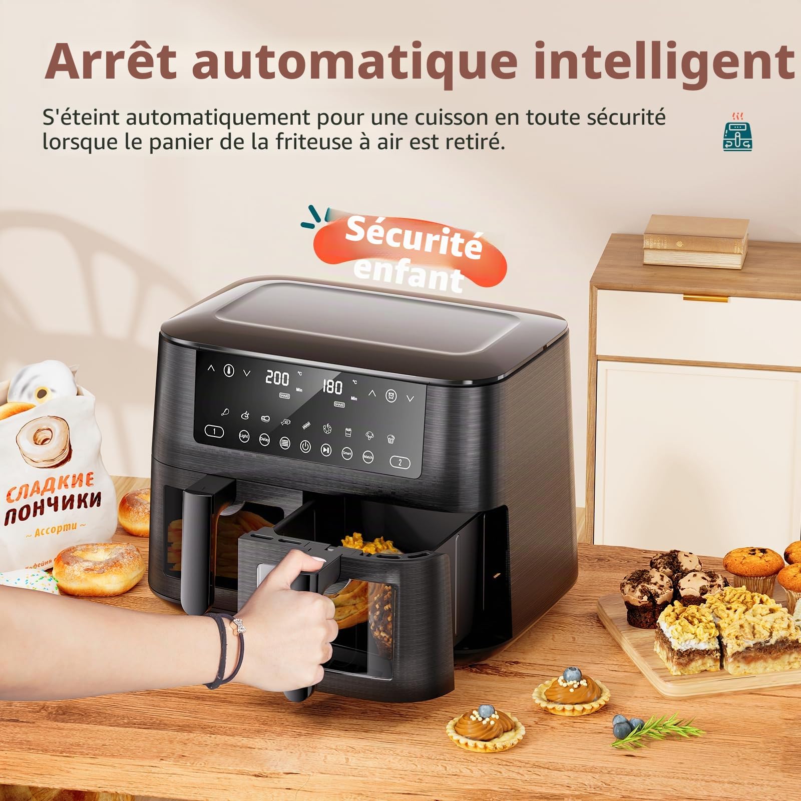 Friteuse à air double zone pour un usage domestique, friteuse à air numérique de 9 litres avec technologie d'air rapide pour une cuisson saine sans huile et à faible teneur en matières grasses
