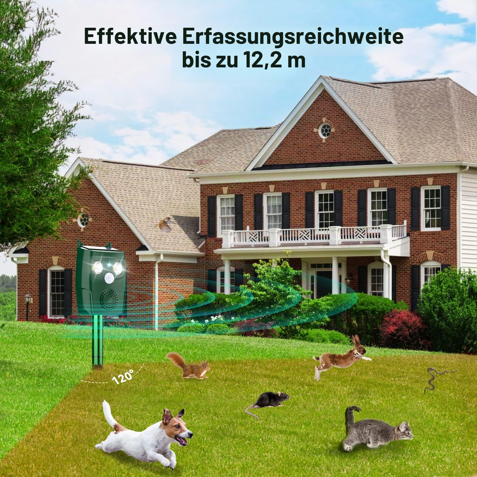 Katzenschreck für Garten, Katzenschreck Ultraschall mit Bewegungsmelder, 3 Ultraschall Modi und Blitz können Automatisch Tiervertreiber, Katzenabwehr, Marderschreck, Hundeschreck, Wetterfest, Solar