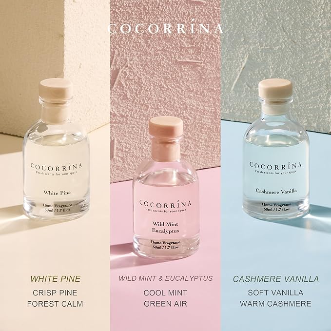 Eucalyptus Reed Diffuser Set of 3 - Wild Mint & Eucalyptus, White Pine, Cashmere Vanilla Scents, 1.7 fl oz Each, Total 5.1 oz, Scented Oil Diffusers for Home & Office miniatura 4