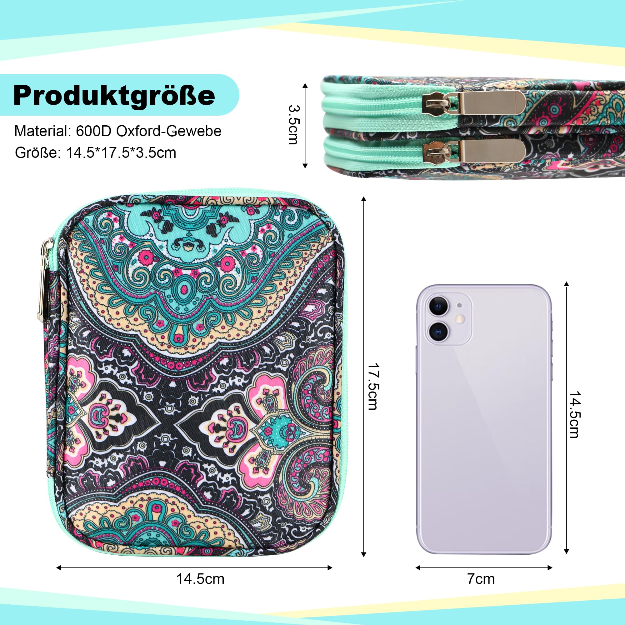 JOZEA Custodia per uncinetto con cerniera e tasche Web per ferri da uncinetto, borsa organizer leggera per kit di lavoro a maglia (motivo blu)