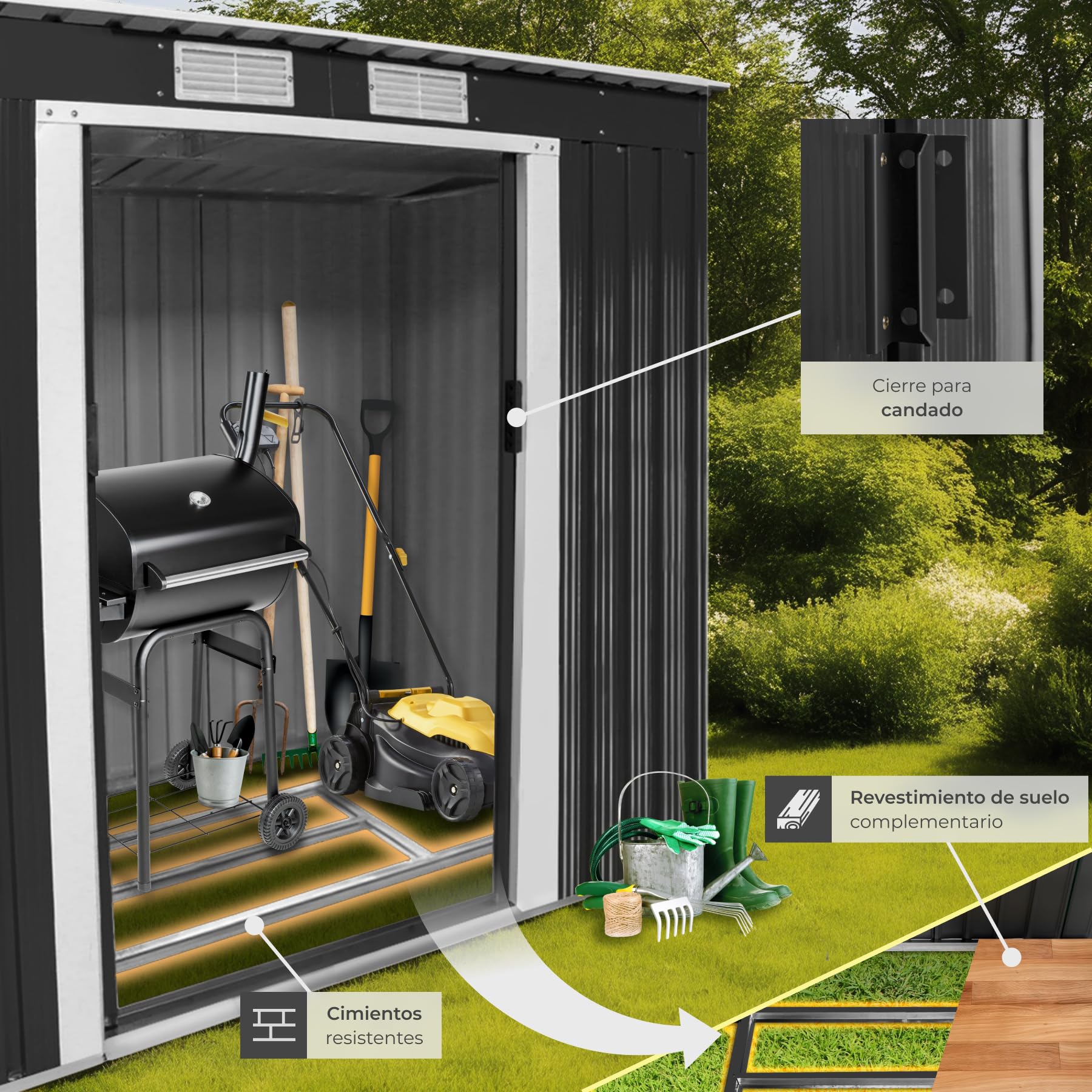tectake® Cobertizo Jardín Metálico, Caseta Jardin Exterior, Almacenaje Herramientas Jardín, Bicicletas, Armario Jardin Exterior Metálico, Puerta Corredera, Seguridad Candado - Gris/Blanco