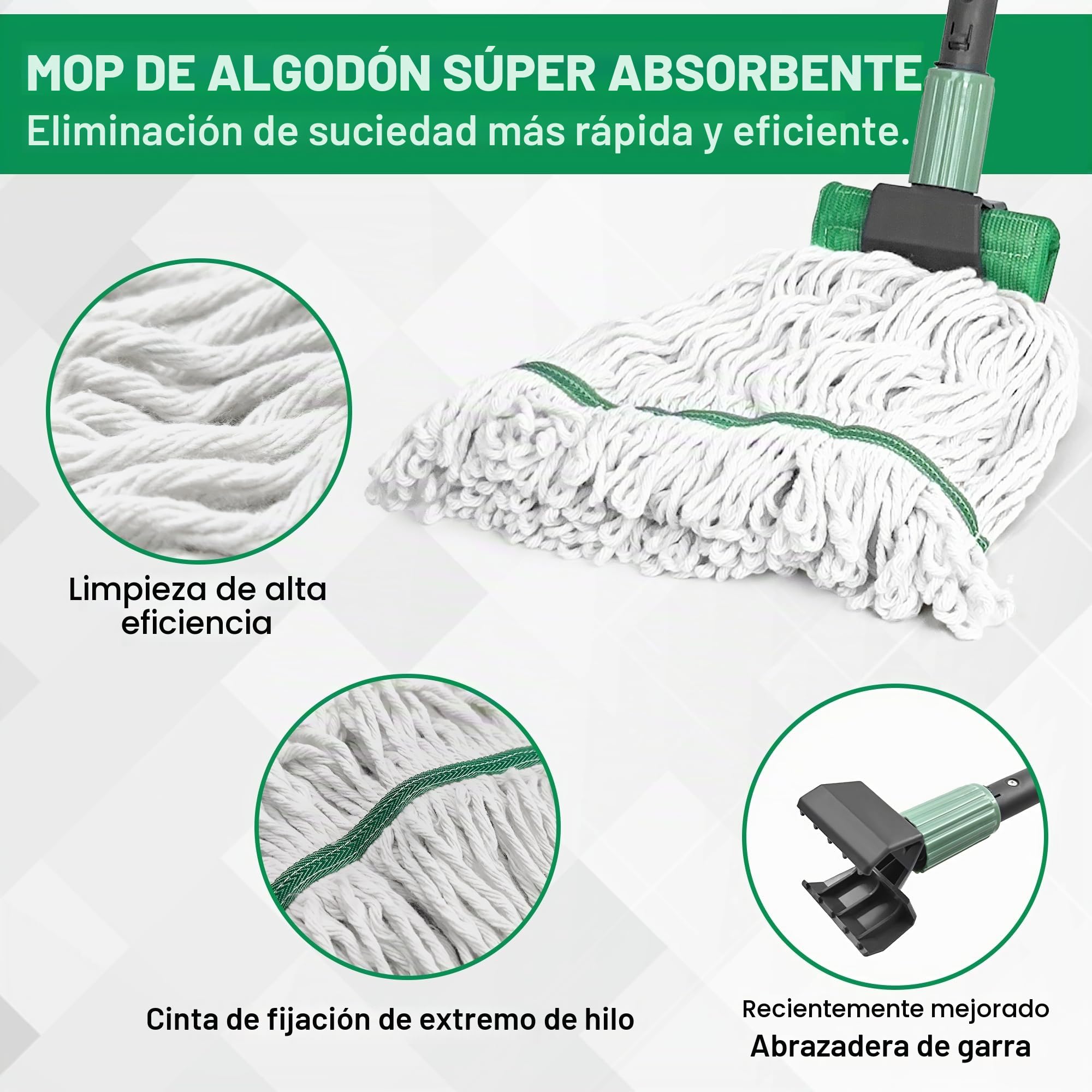 Trapeador húmedo resistente con mango largo de 58 pulgadas para limpieza de suelos, trapeador de algodón húmedo con cuerda en bucle para el hogar, cocina, garaje, oficina, taller