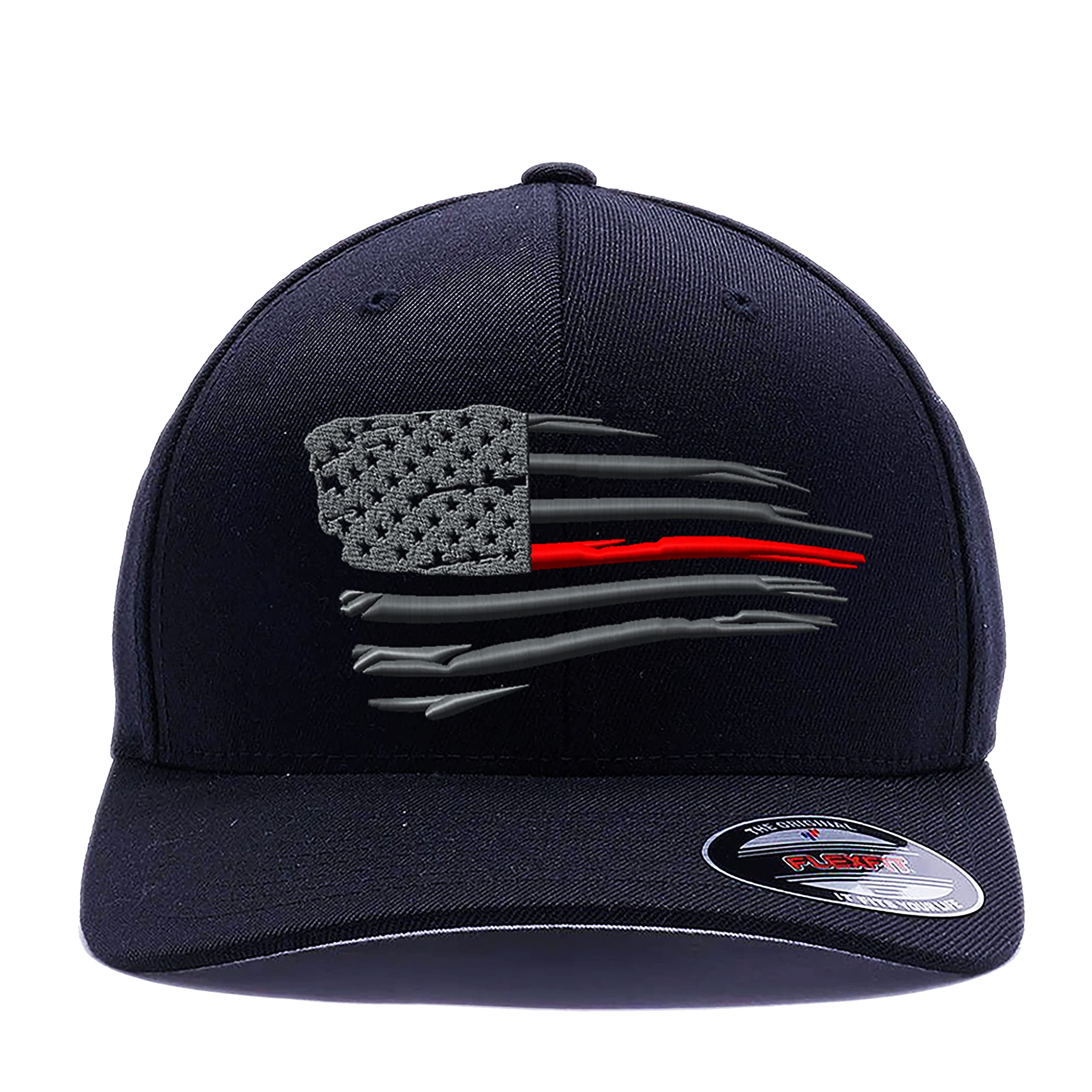 Tactical Thin Lines- Thin Red/Blue/Green/Yellow/White/Silver/Orange Line Waving American Flag Hat, Custom Embroidered Flexfit, Black - Red Line, Small-Medium