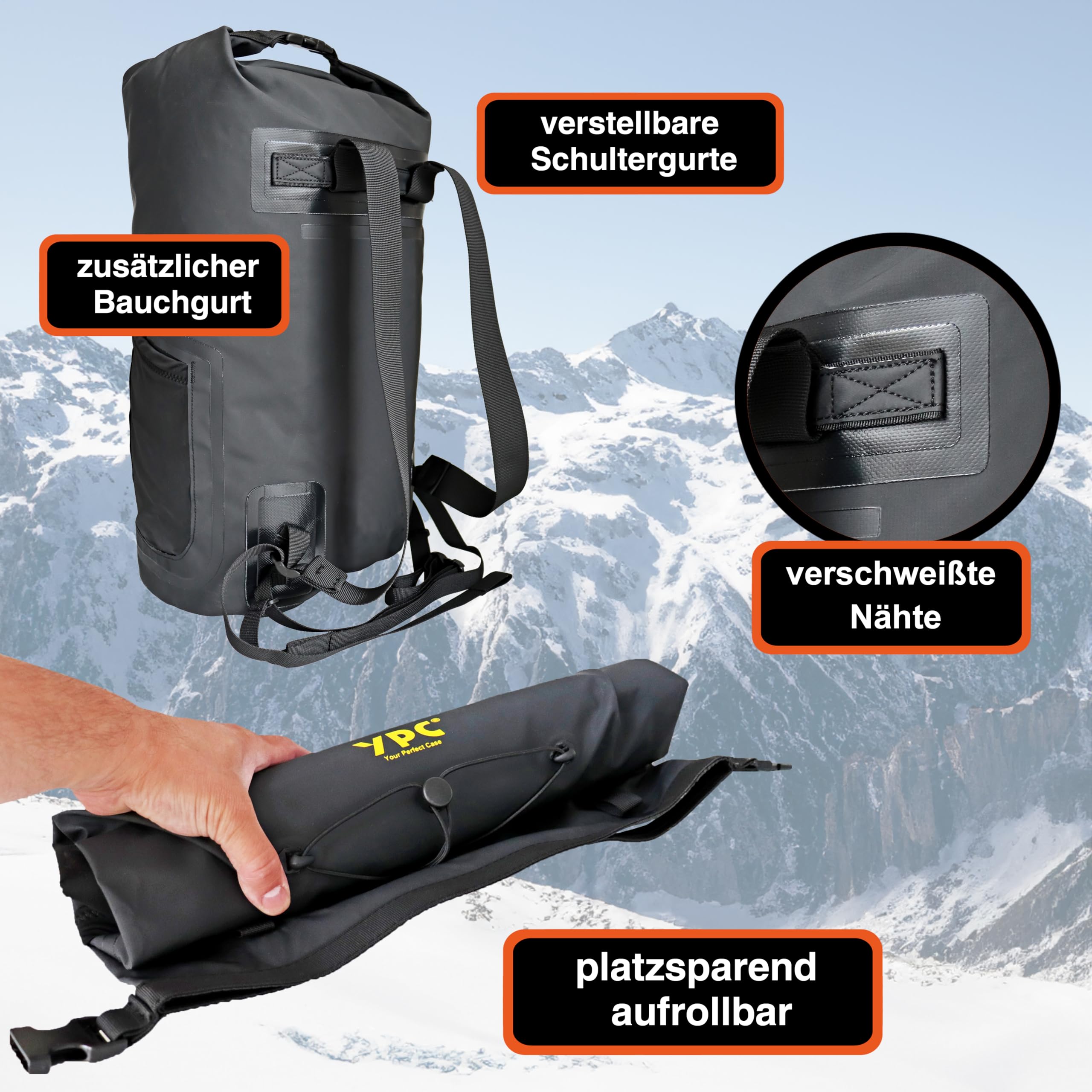 YPC Wayfarer plecak outdoorowy – plecak turystyczny z RollTop, plecak trekkingowy, wodoszczelny plecak rowerowy, plecak kempingowy z szelkami i uchwytem do noszenia, XL, czarny – 25 litrów