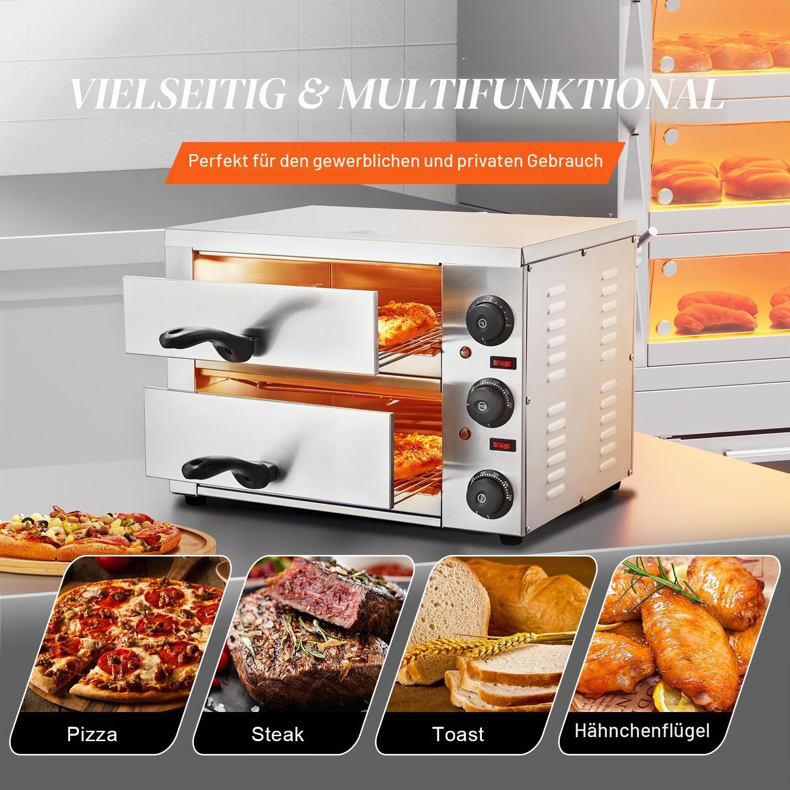 VEVOR Kommerzieller Pizzaofen Backofen, 2-lagig 305 mm, elektrischer Pizzaofen aus Edelstahl mit drei Drehknöpfen, Mehrzweck-Pizzamaker Indoor, zum Backen im Restaurant, zu Hause, Schwarz