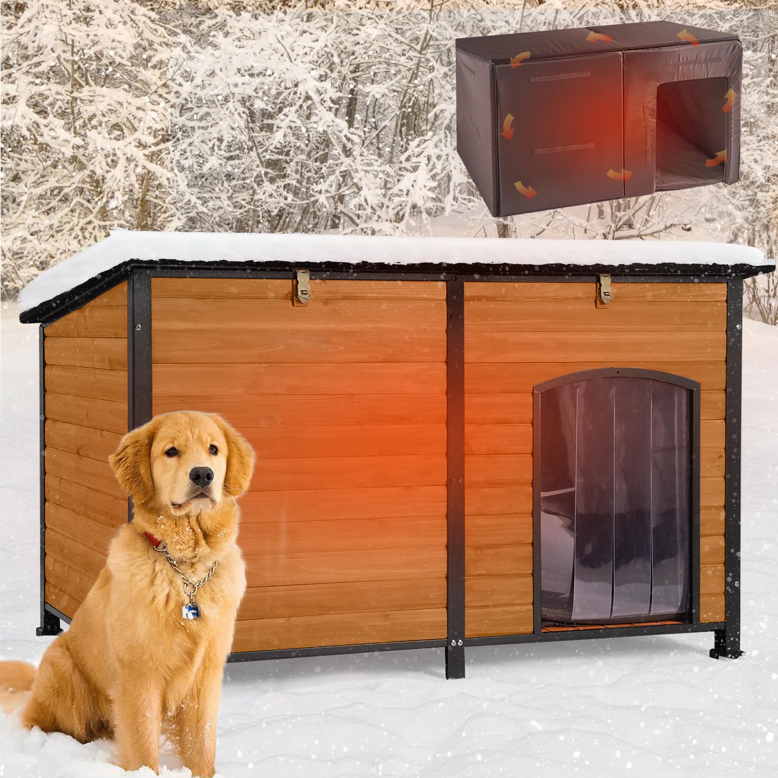 Aivituvin Außen Hundehaus mit isolierter Futterung, wasserdichter extra groß Hundekennel für den Winter, geeignet für kleine, mittlere und große Hunde, mit Stahlrahmen (Braun)