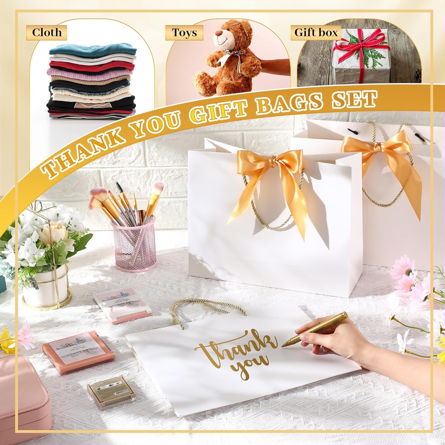 Kolldenn 50 Pcs Gift Bags with Handle 12.6 x 10 x 4.3 Inch White Gold Thank You Bag with Bow Ribbon for Christmas Wedding Birthday Bridal Shower Bridesmaid Graduation Party Favor - Image 6