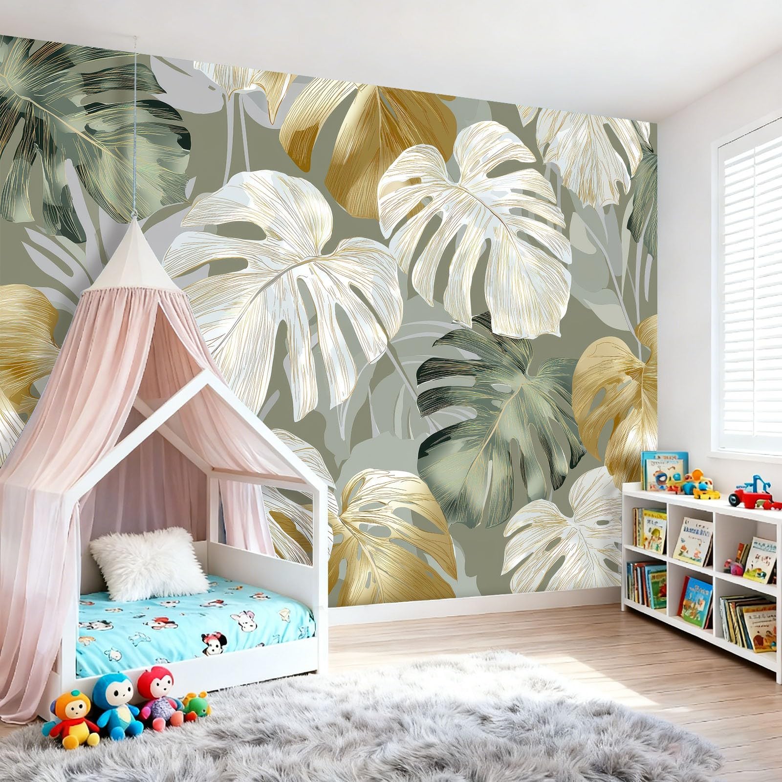 Tapeta ścienna 400 x 280 cm do salonu sypialnia kuchnia - luksusowy tropikalny wzór liści monstera - łatwy w montażu, druk o wysokiej rozdzielczości, wodoodporny i łatwy do czyszczenia, zielony