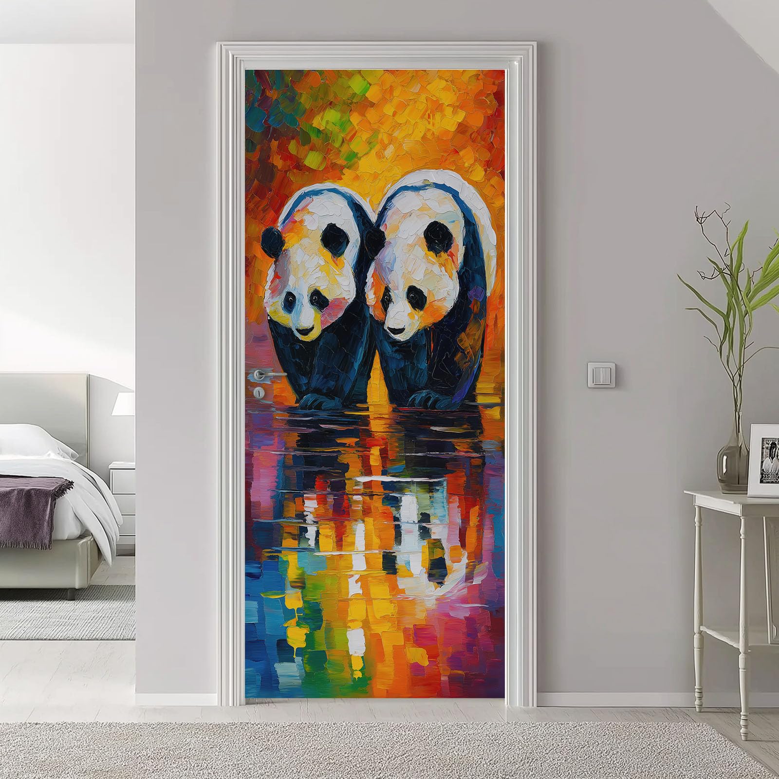 Naklejki na drzwi 3D zwierzę panda, samoprzylepny plakat z PCV abstrakcyjny wzór geometryczny obraz, wielokolorowe naklejki na drzwi tapeta dekoracyjny plakat do sypialni kuchni, 80x210 cm