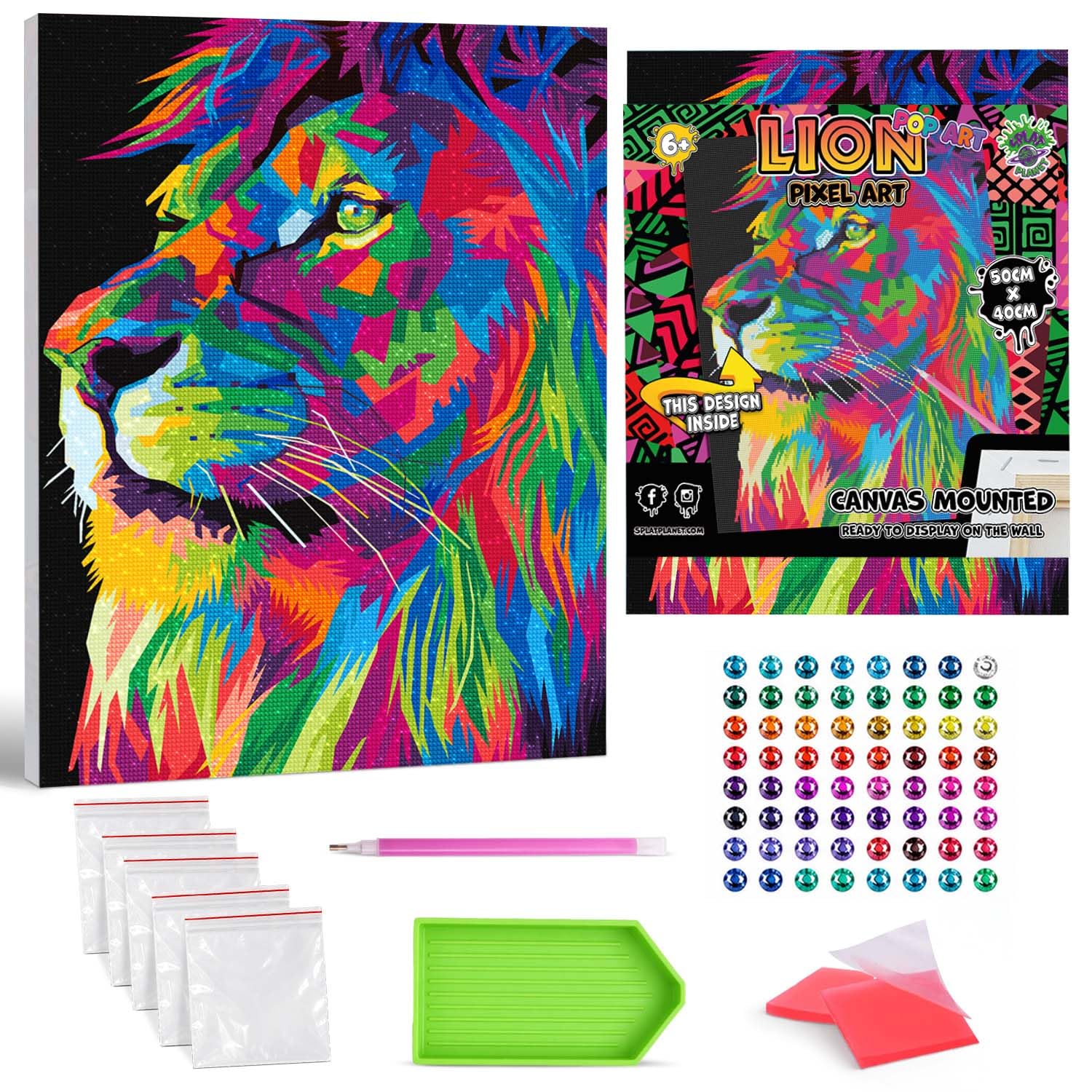 Splat Planet White Lion Framed Diamond Painting Kit, Rhinestone, Framed Diamond Art, 5D Diamond Painting Kit, Home Wall Decoration,Arts And Crafts For Adults,Kids,30X40cms