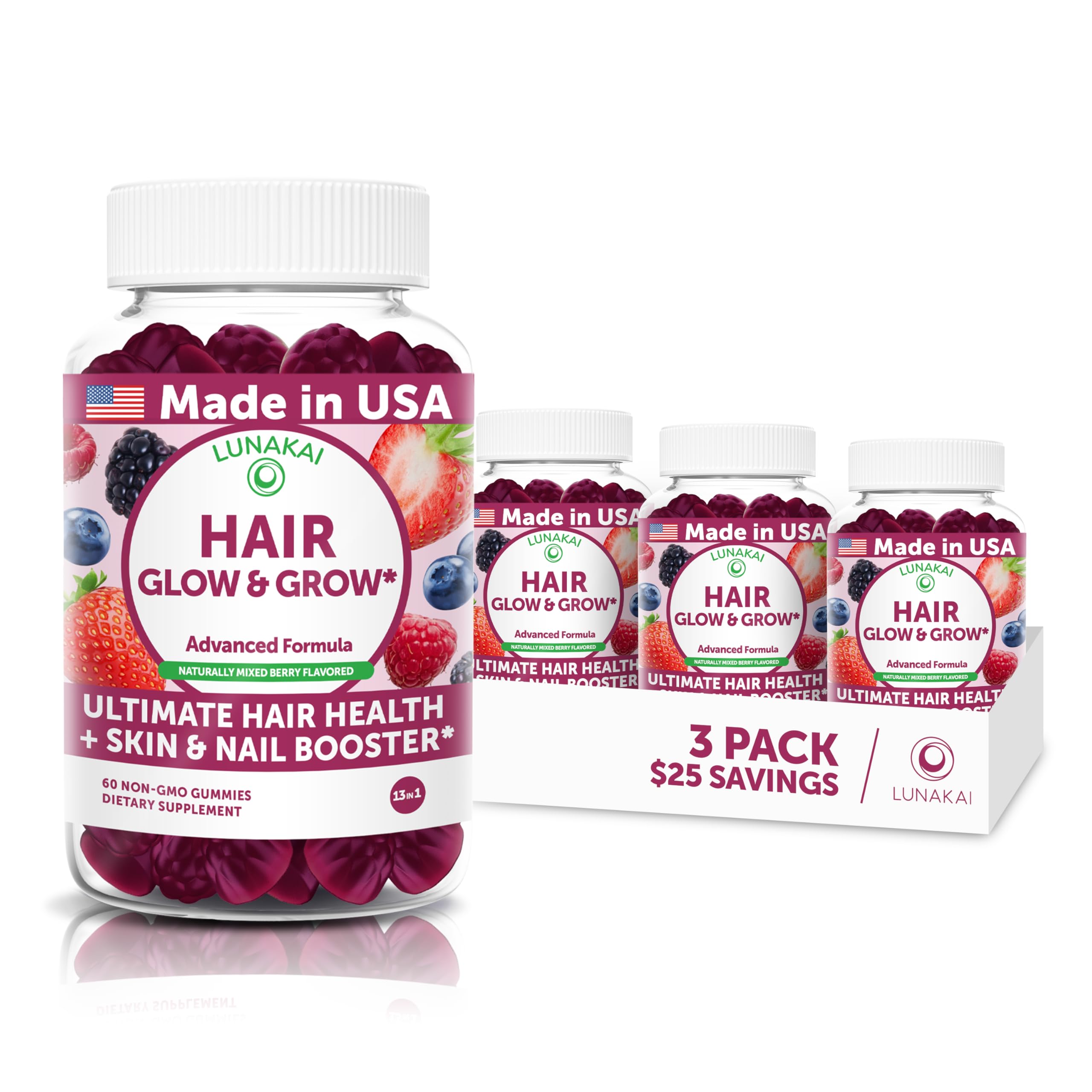 Lunakai USA Made Super Hair Gummies | Hair Growth Vitamins for Women & Men 60 Count (Pack of 3) Super Hair Gummies