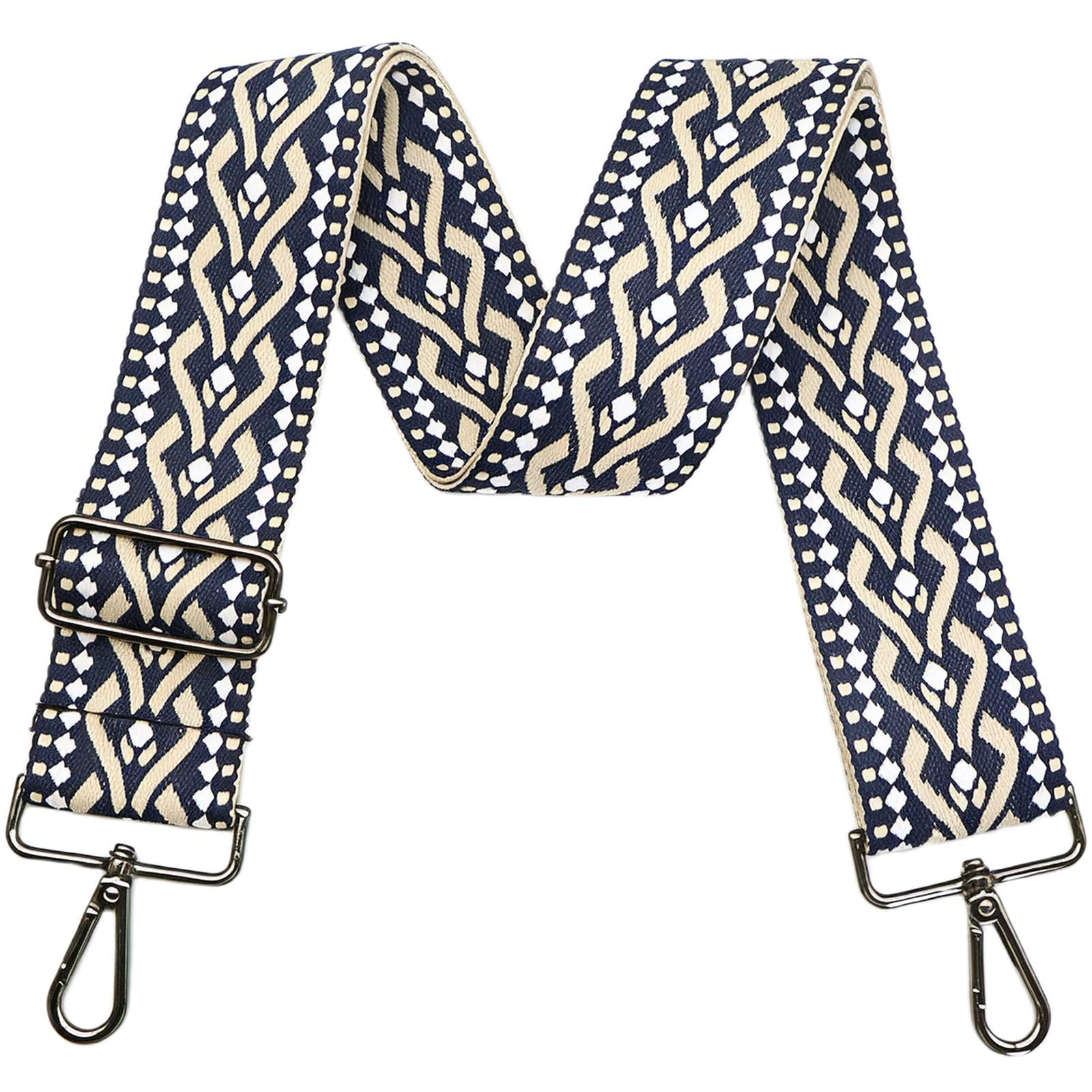 LEMEDE 2" wide Bohemian Purse Straps - 55" Adjustable Black Buckle Crossbody Bag Shoulder Strap with Embroidery Ethnic Style(Blue Purse Strap)