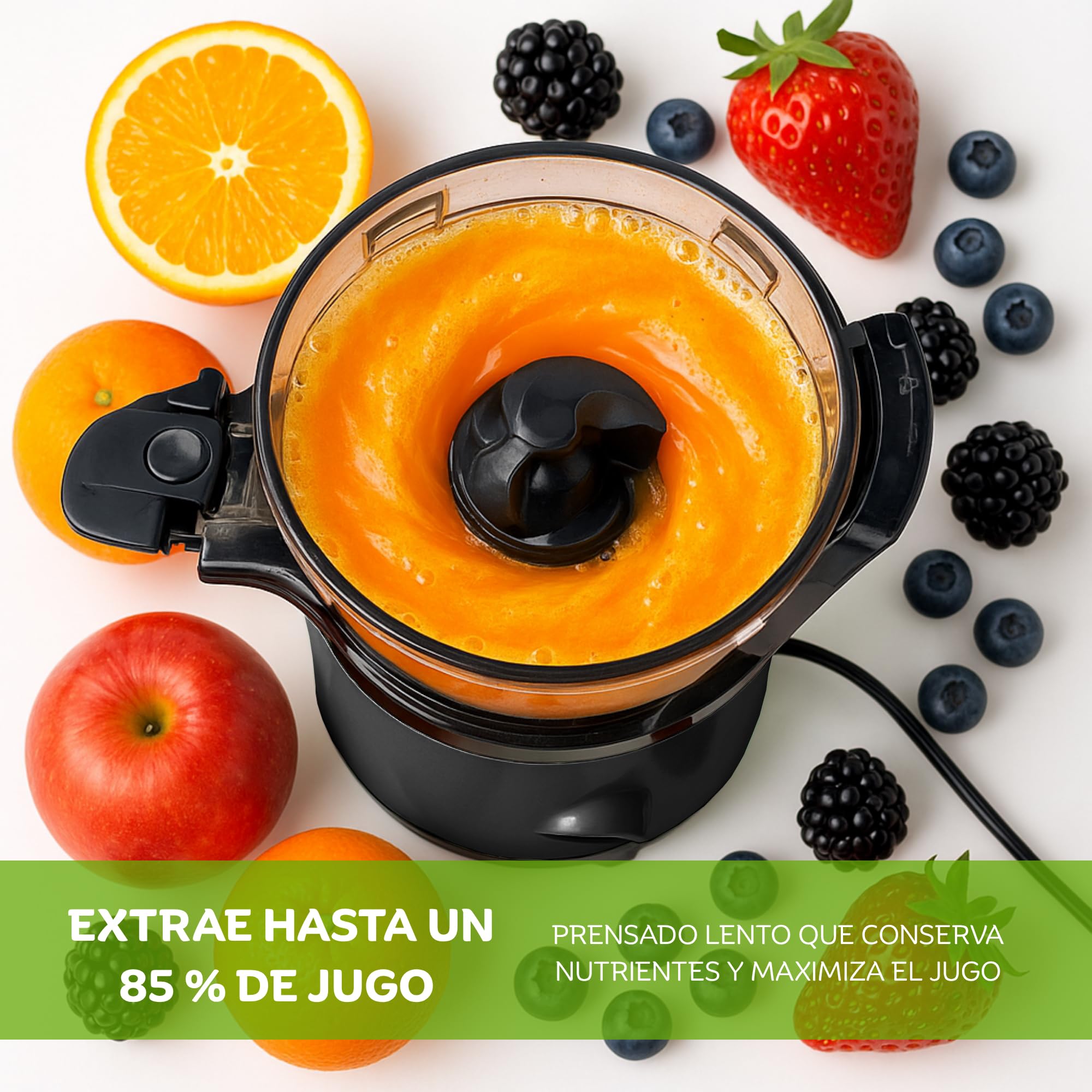 JuiceInstant - Extractor de zumos compacto para frutas y verduras, prensado en frío, exprimidor eléctrico sin BPA, 130W, con tamiz, antigoteo, licuadora lenta que conserva vitaminas (Negro)