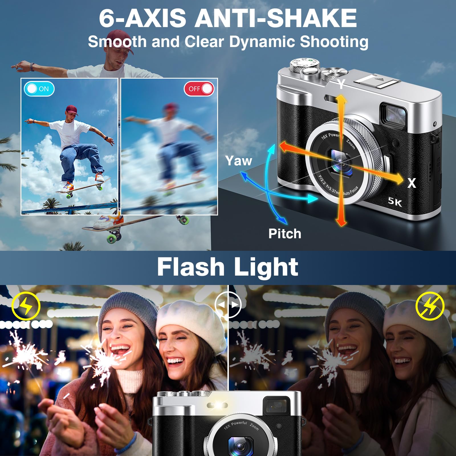 5K Fotocamera Digitale, 48MP, Vlogging, Compatta, Unisex, 32GB, Mirino, Flash, 2.8 Pollici, TikTok, YouTube, Webcam, HDMI, 1/4"-20, Treppiede