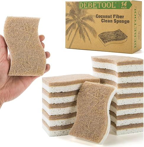Miniatura 1 de Esponja de cocina natural, esponja ecológica para platos de cocina, esponja biodegradable de celulosa y coco, paquete de 14 esponjas de limpieza